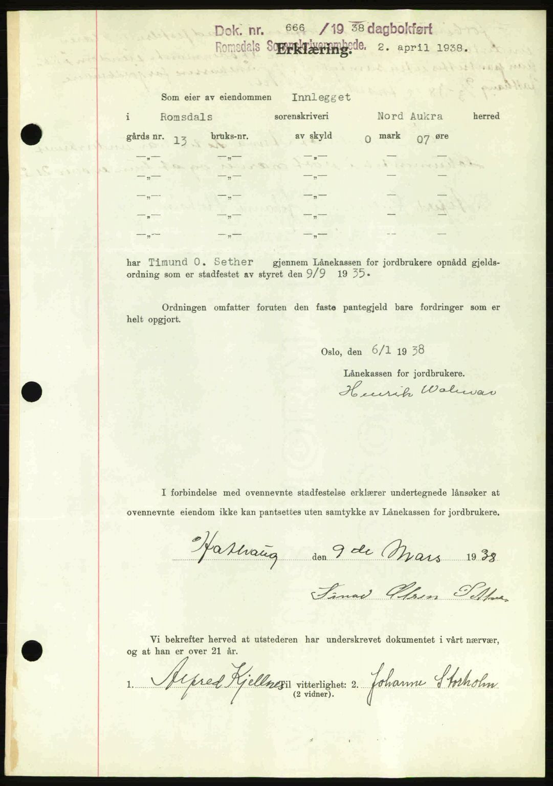 Romsdal sorenskriveri, SAT/A-4149/1/2/2C: Pantebok nr. B1, 1936-1939, Dagboknr: 666/1938