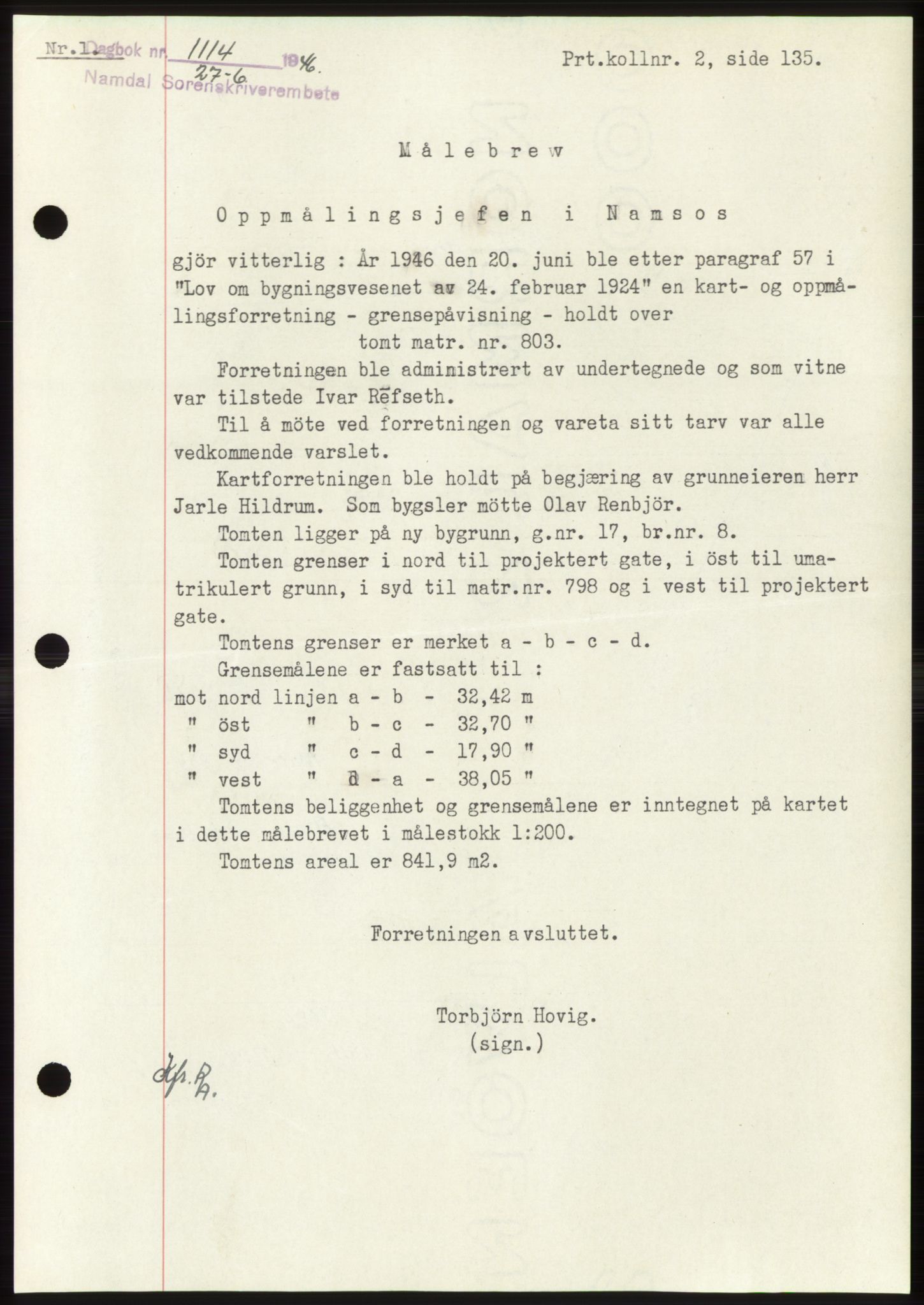 Namdal sorenskriveri, SAT/A-4133/1/2/2C: Pantebok nr. -, 1946-1946, Dagboknr: 1114/1946