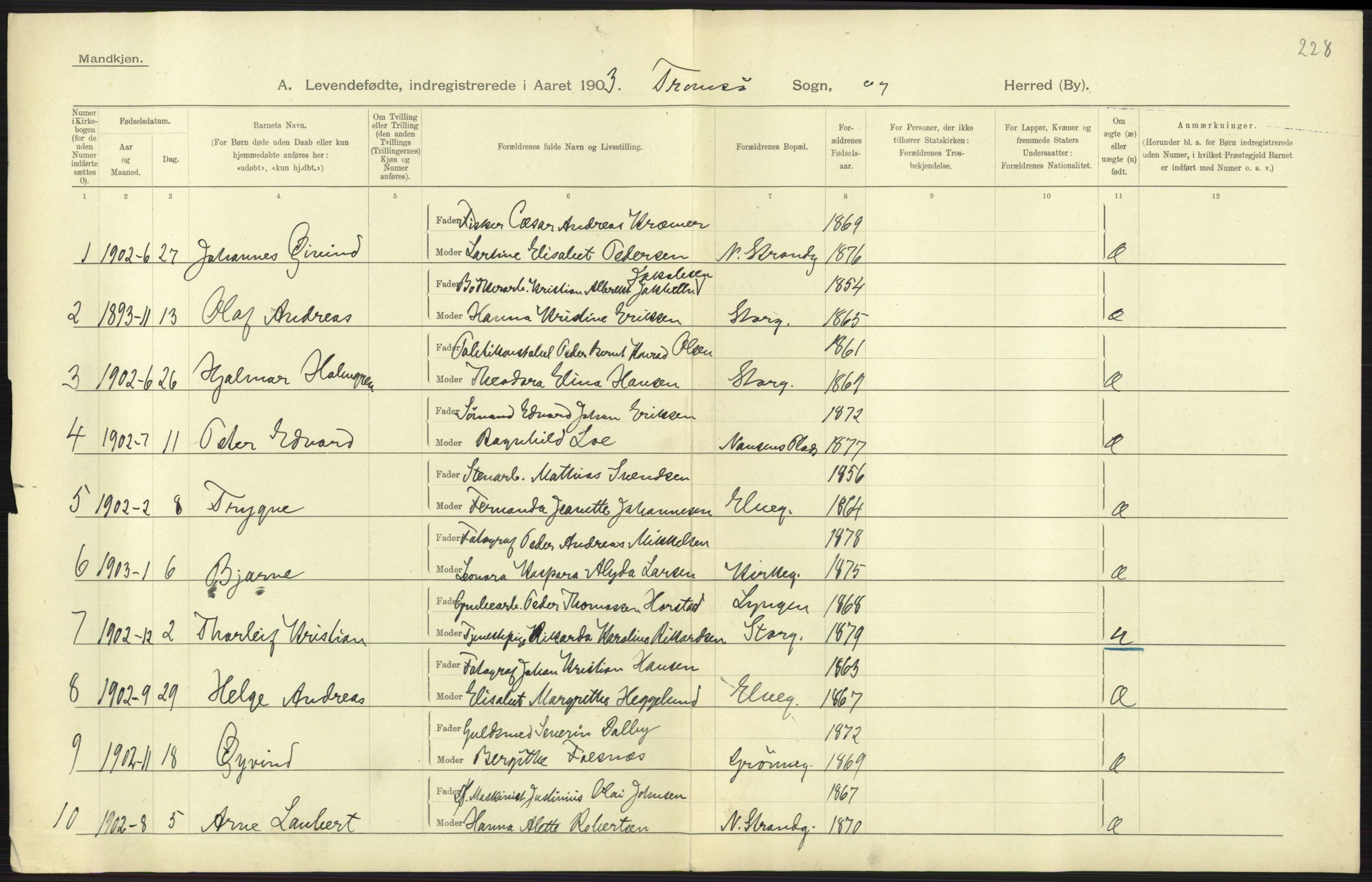 Statistisk sentralbyrå, Sosiodemografiske emner, Befolkning, RA/S-2228/D/Df/Dfa/Dfaa/L0021: Tromsø amt: Fødte, gifte, døde., 1903, s. 297