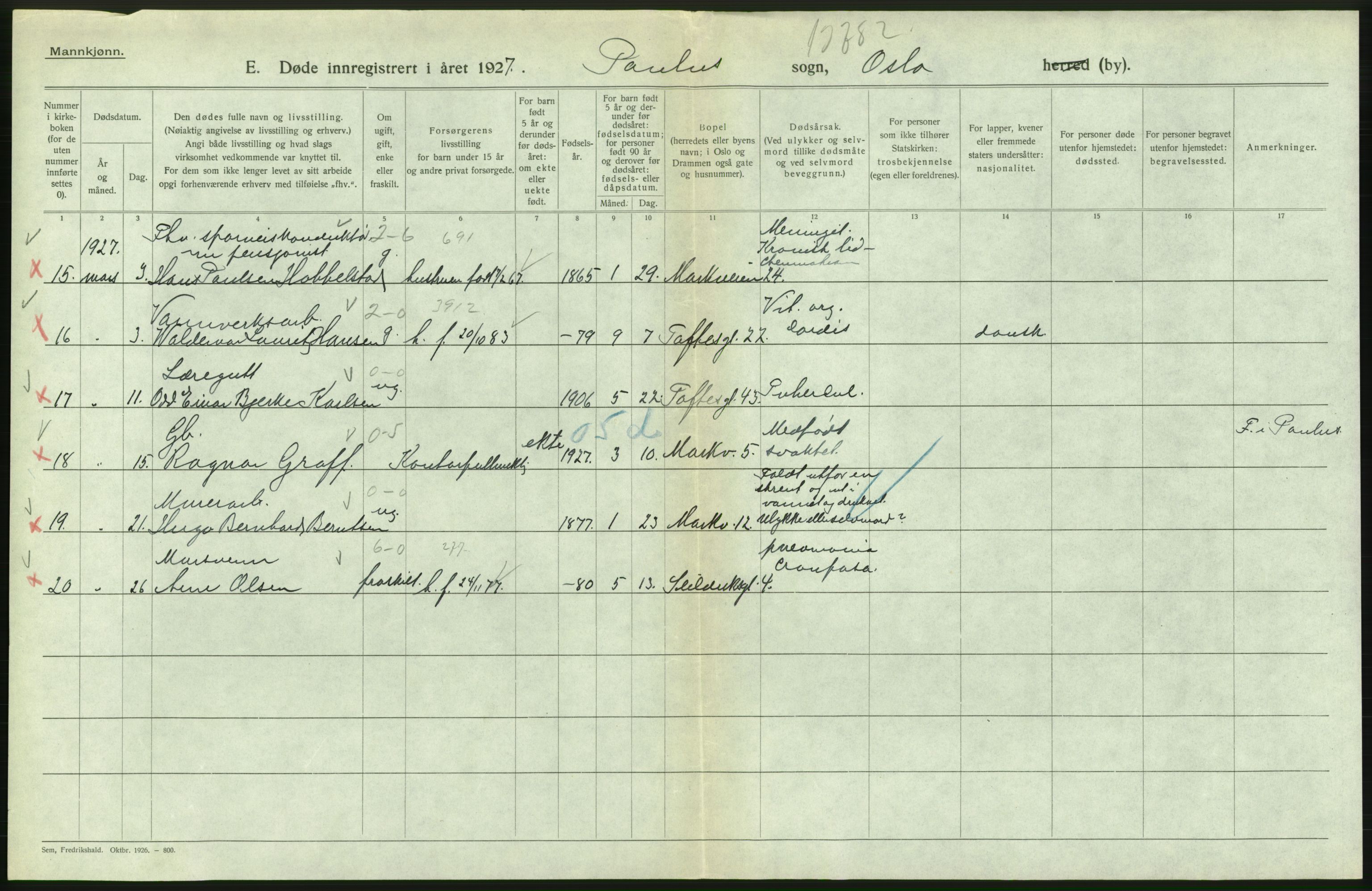 Statistisk sentralbyrå, Sosiodemografiske emner, Befolkning, AV/RA-S-2228/D/Df/Dfc/Dfcg/L0009: Oslo: Døde menn, 1927, s. 352