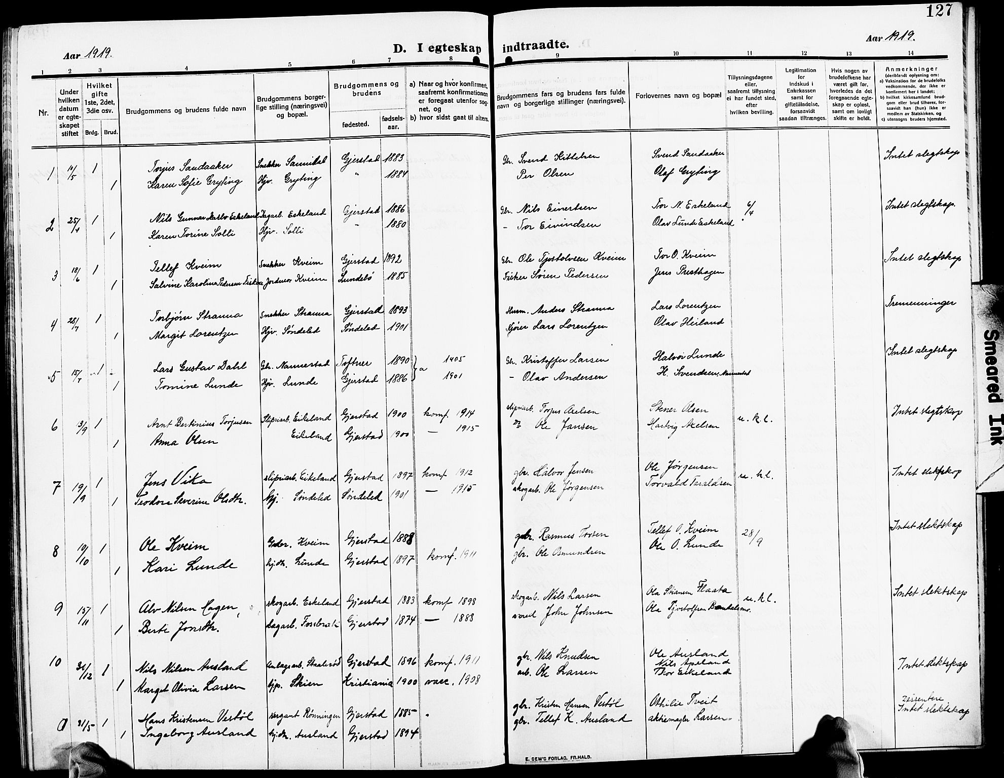 Gjerstad sokneprestkontor, AV/SAK-1111-0014/F/Fb/Fba/L0008: Klokkerbok nr. B 8, 1909-1925, s. 127