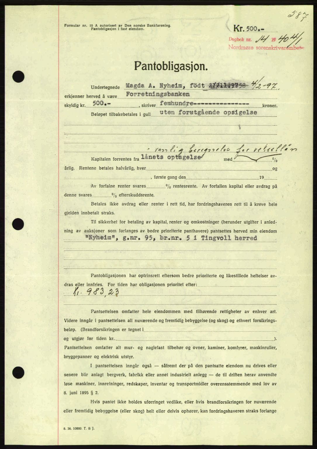 Nordmøre sorenskriveri, AV/SAT-A-4132/1/2/2Ca: Pantebok nr. B86, 1939-1940, Dagboknr: 14/1940