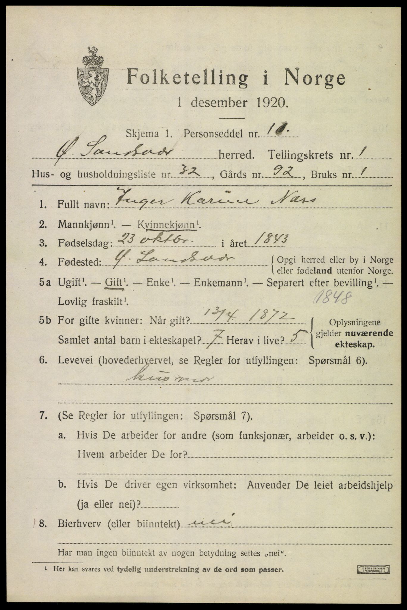 SAKO, Folketelling 1920 for 0630 Øvre Sandsvær herred, 1920, s. 1340