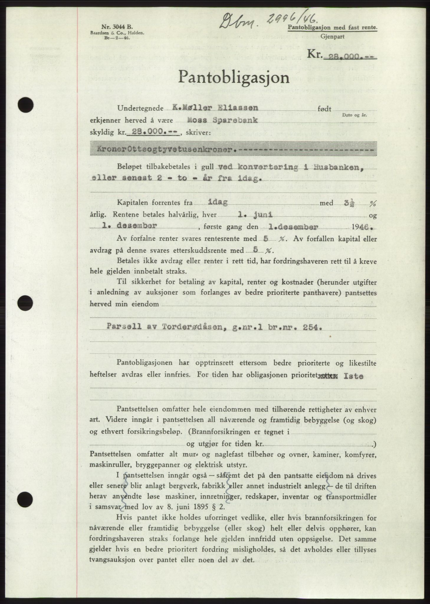 Moss sorenskriveri, SAO/A-10168: Pantebok nr. B16, 1946-1947, Dagboknr: 2996/1946