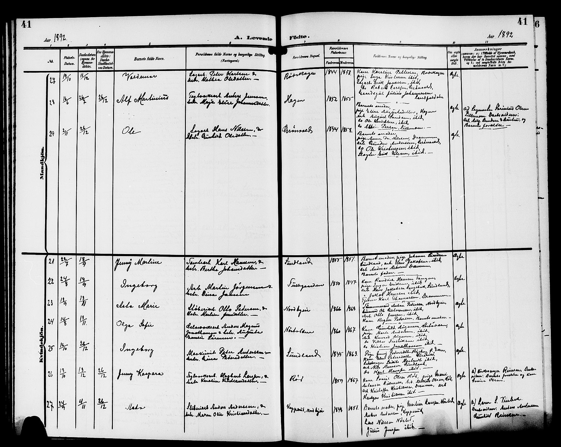 Strømsgodset kirkebøker, AV/SAKO-A-324/G/Ga/L0002: Klokkerbok nr. 2, 1885-1910, s. 41