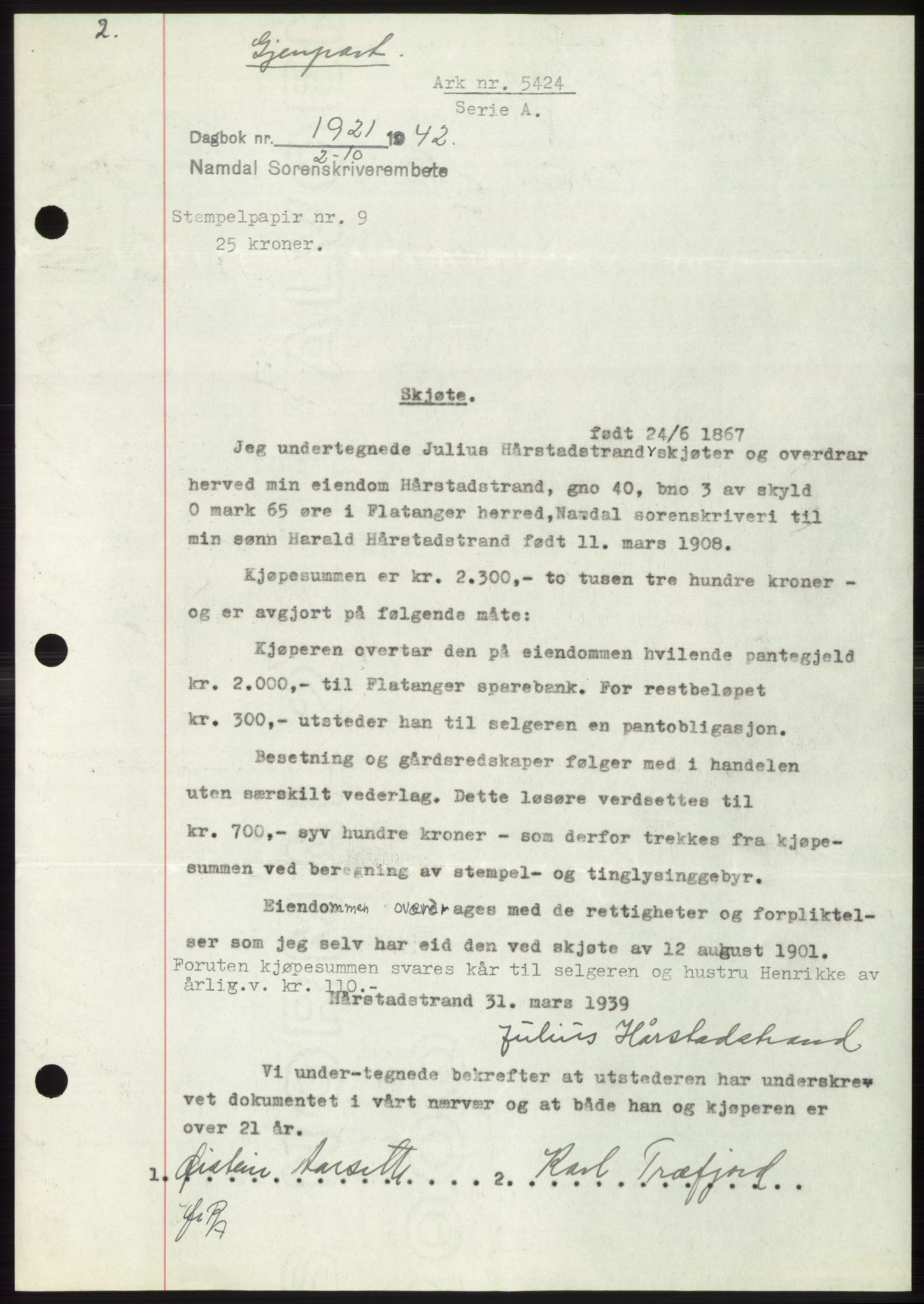 Namdal sorenskriveri, SAT/A-4133/1/2/2C: Pantebok nr. -, 1942-1943, Dagboknr: 1921/1942