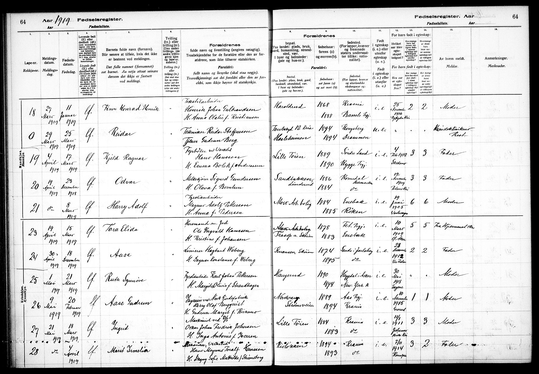 Østre Aker prestekontor Kirkebøker, AV/SAO-A-10840/J/Ja/L0001: Fødselsregister nr. I 1, 1916-1923, s. 64