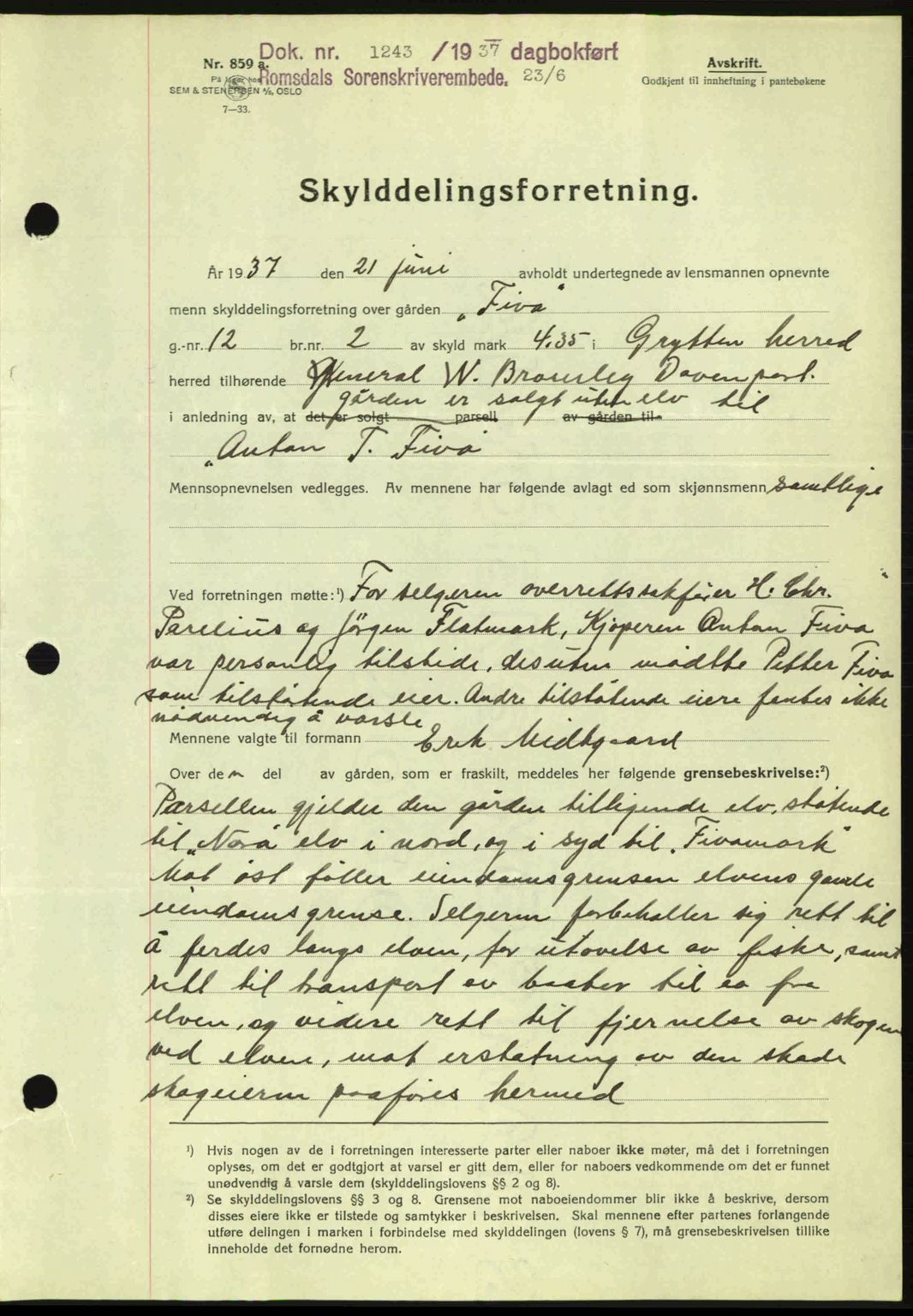 Romsdal sorenskriveri, SAT/A-4149/1/2/2C: Pantebok nr. A3, 1937-1937, Dagboknr: 1243/1937