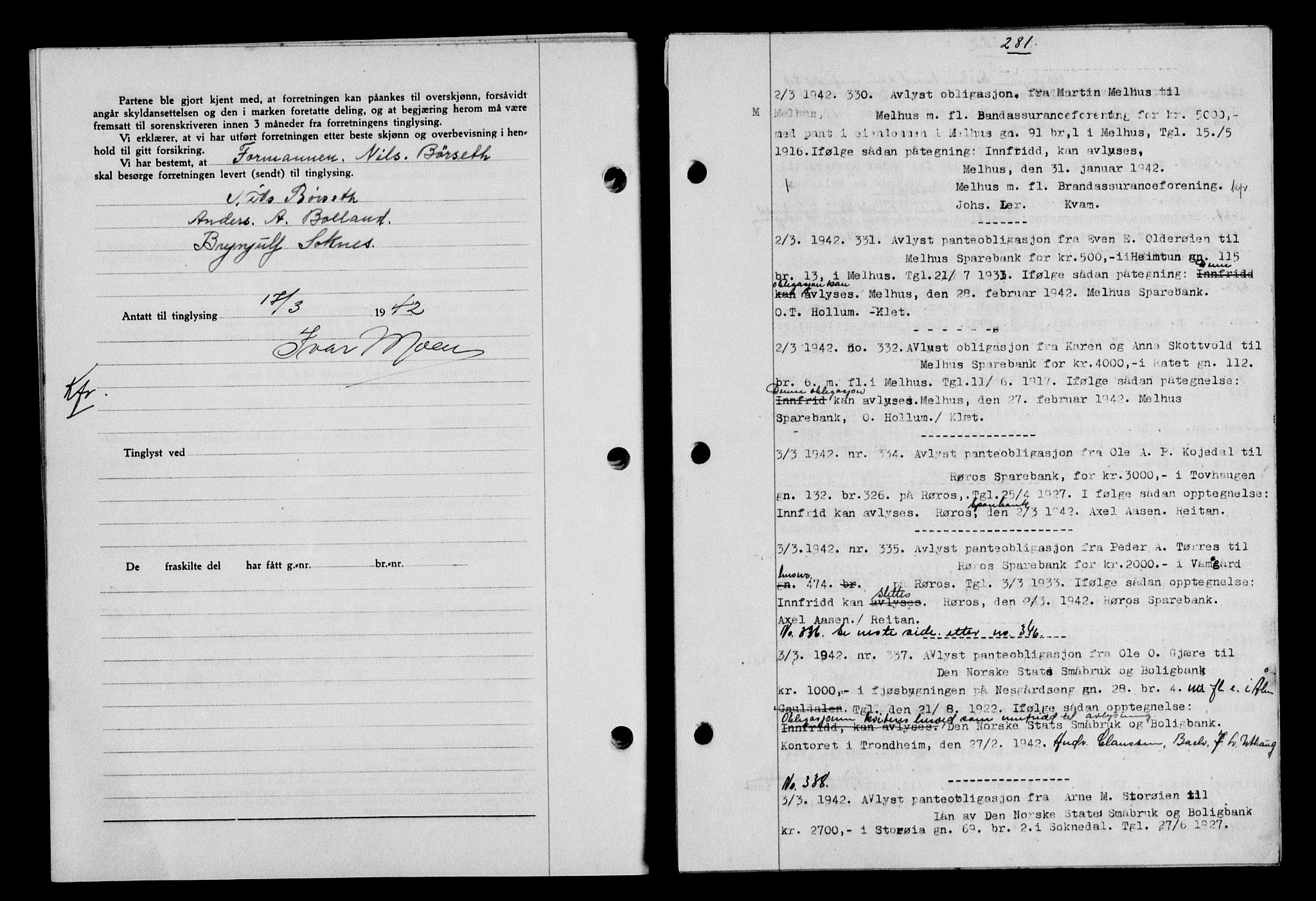 Gauldal sorenskriveri, SAT/A-0014/1/2/2C/L0054: Pantebok nr. 59, 1941-1942, Dagboknr: 330/1942