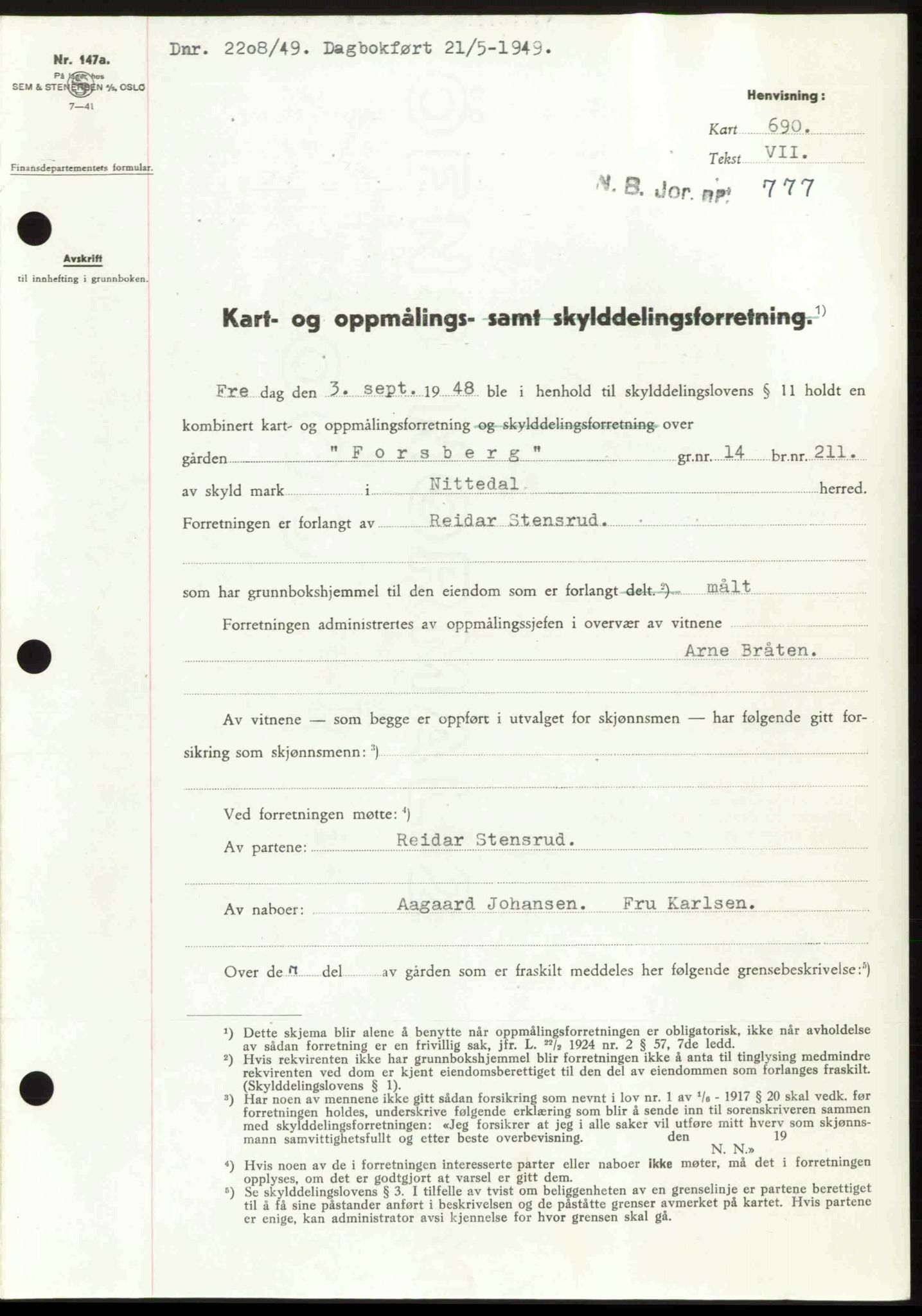 Nedre Romerike sorenskriveri, SAO/A-10469/G/Gb/Gbd/L0025: Pantebok nr. 25, 1949-1949, Dagboknr: 2208/1949