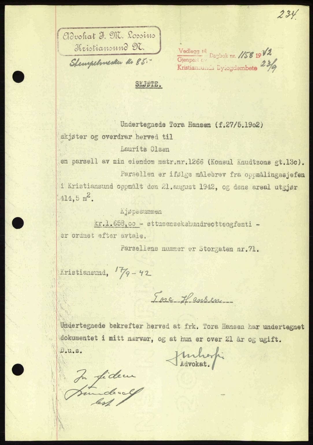 Kristiansund byfogd, AV/SAT-A-4587/A/27: Pantebok nr. 34, 1941-1945, Dagboknr: 1158/1942