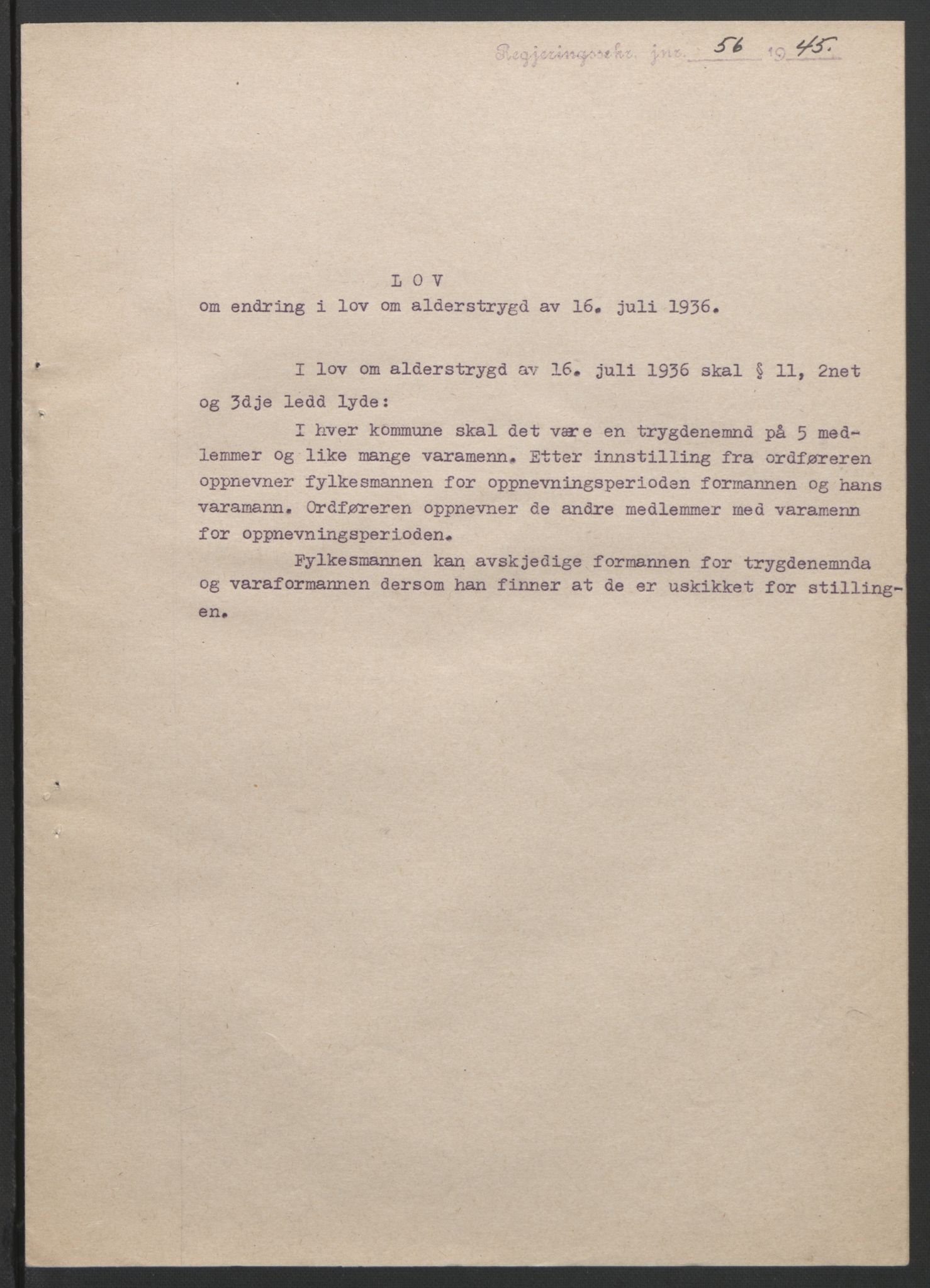 NS-administrasjonen 1940-1945 (Statsrådsekretariatet, de kommisariske statsråder mm), AV/RA-S-4279/D/Db/L0101/0001: -- / Lover og vedtak, 1945, s. 109