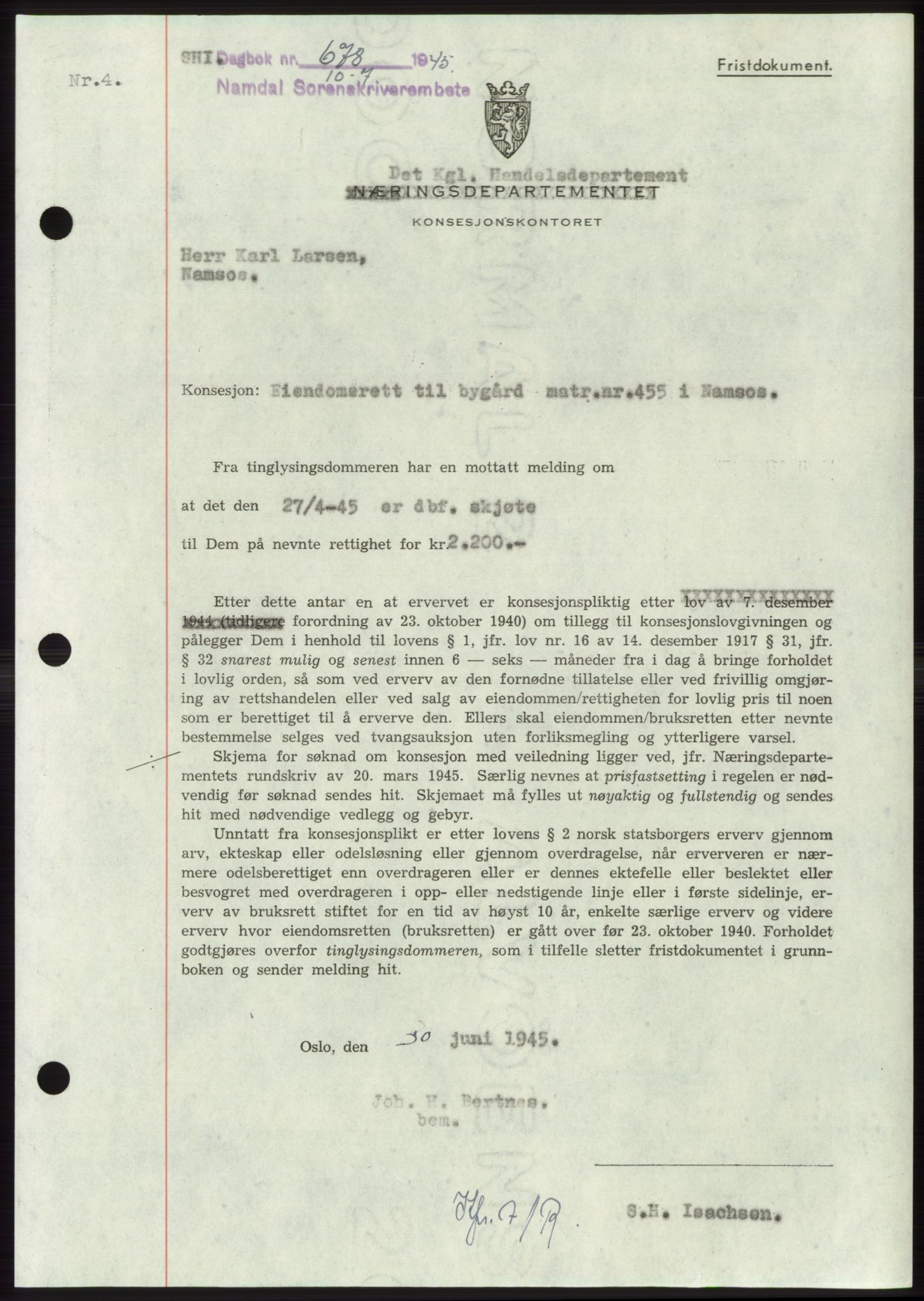 Namdal sorenskriveri, SAT/A-4133/1/2/2C: Pantebok nr. -, 1944-1945, Dagboknr: 678/1945