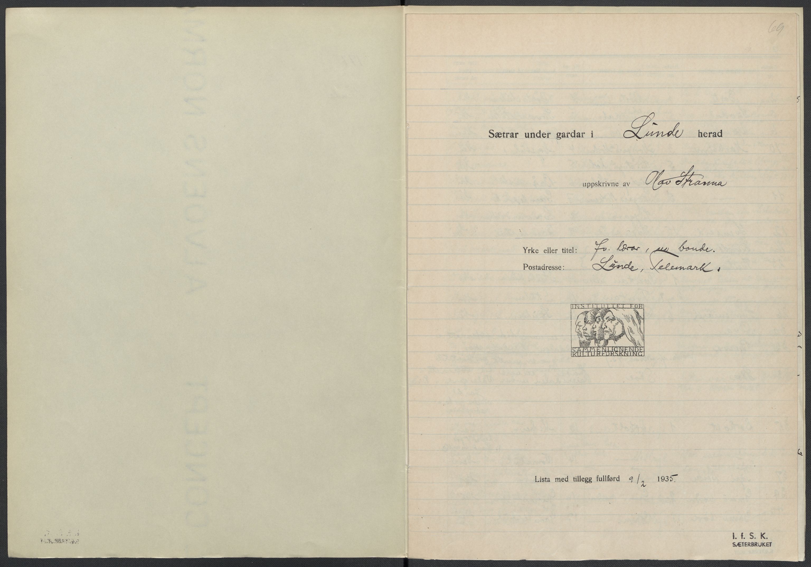 Instituttet for sammenlignende kulturforskning, AV/RA-PA-0424/F/Fc/L0007/0001: Eske B7: / Telemark (perm XVI), 1934-1936, s. 69