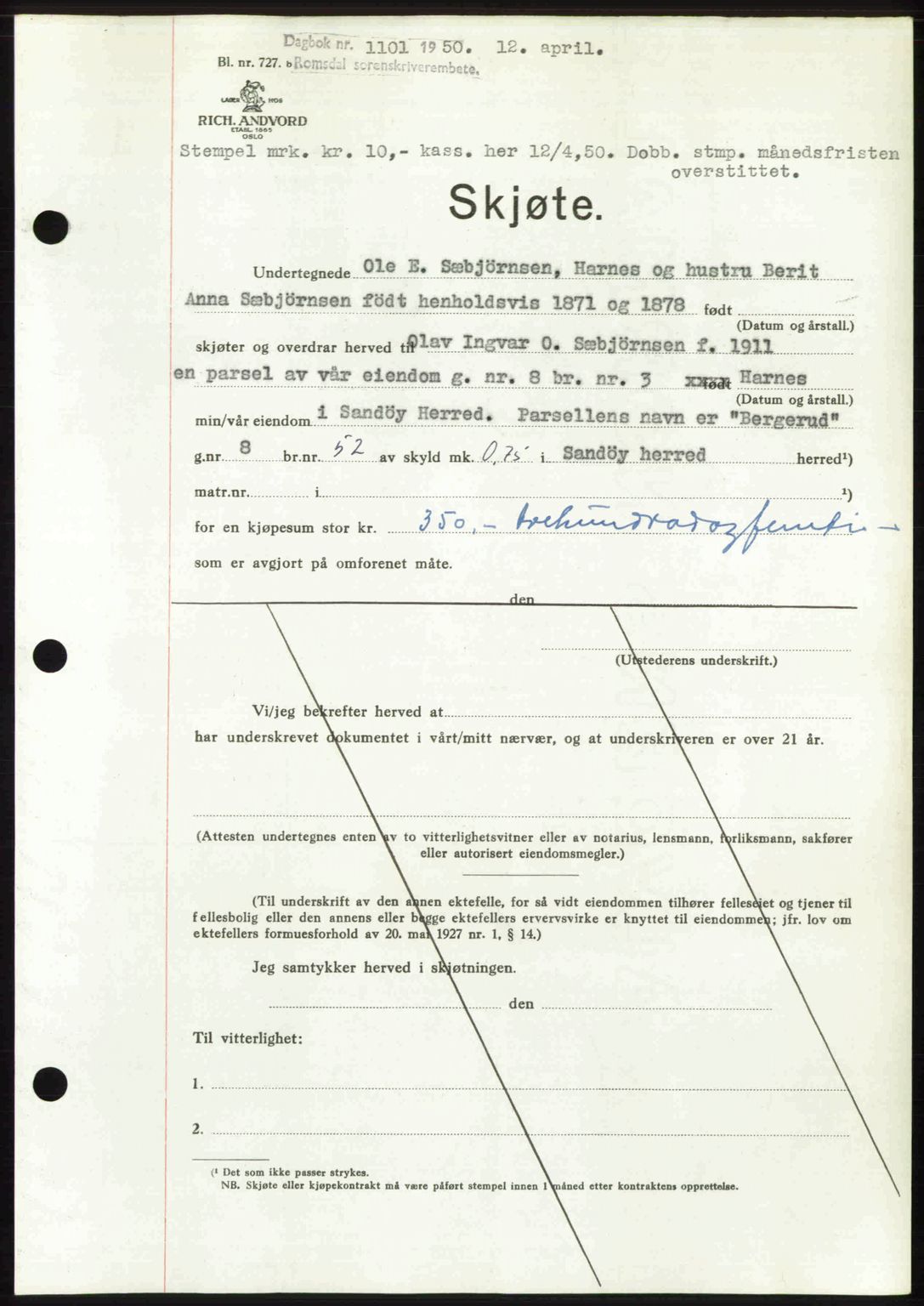 Romsdal sorenskriveri, SAT/A-4149/1/2/2C: Pantebok nr. A33, 1950-1950, Dagboknr: 1101/1950