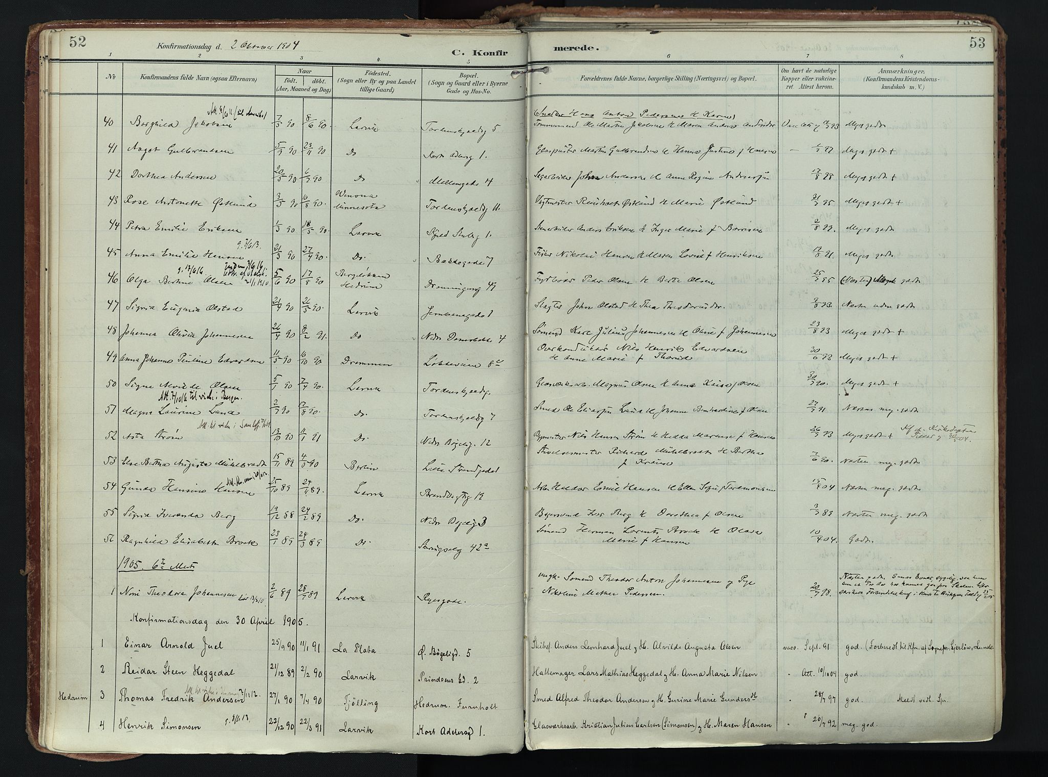Larvik kirkebøker, AV/SAKO-A-352/F/Fa/L0011: Ministerialbok nr. I 11, 1902-1922, s. 52-53