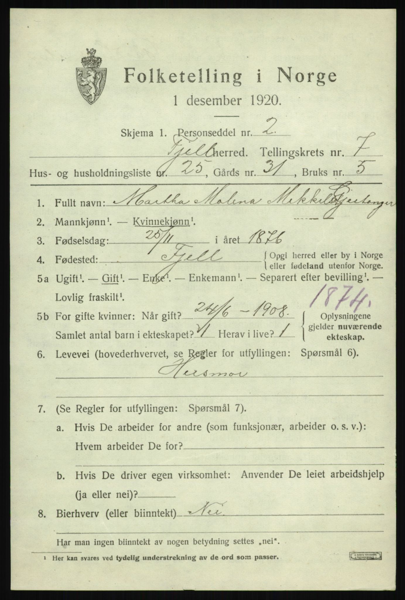 SAB, Folketelling 1920 for 1246 Fjell herred, 1920, s. 6716