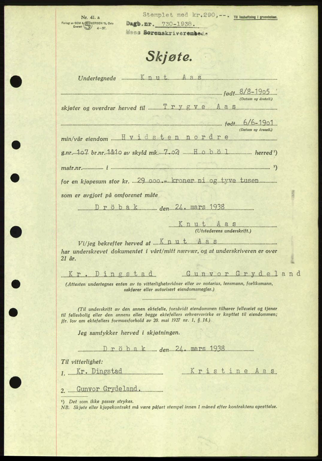 Moss sorenskriveri, SAO/A-10168: Pantebok nr. A4, 1938-1938, Dagboknr: 730/1938