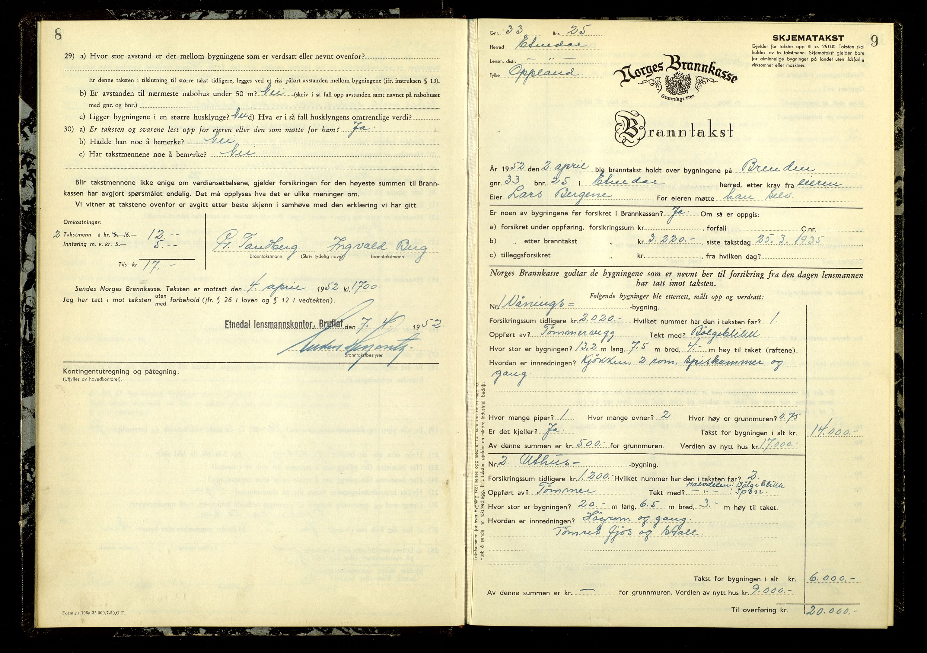 Norges Brannkasse, Etnedal, AV/SAH-NBRANE-055/F/L0007: Branntakstprotokoll, 1952-1955