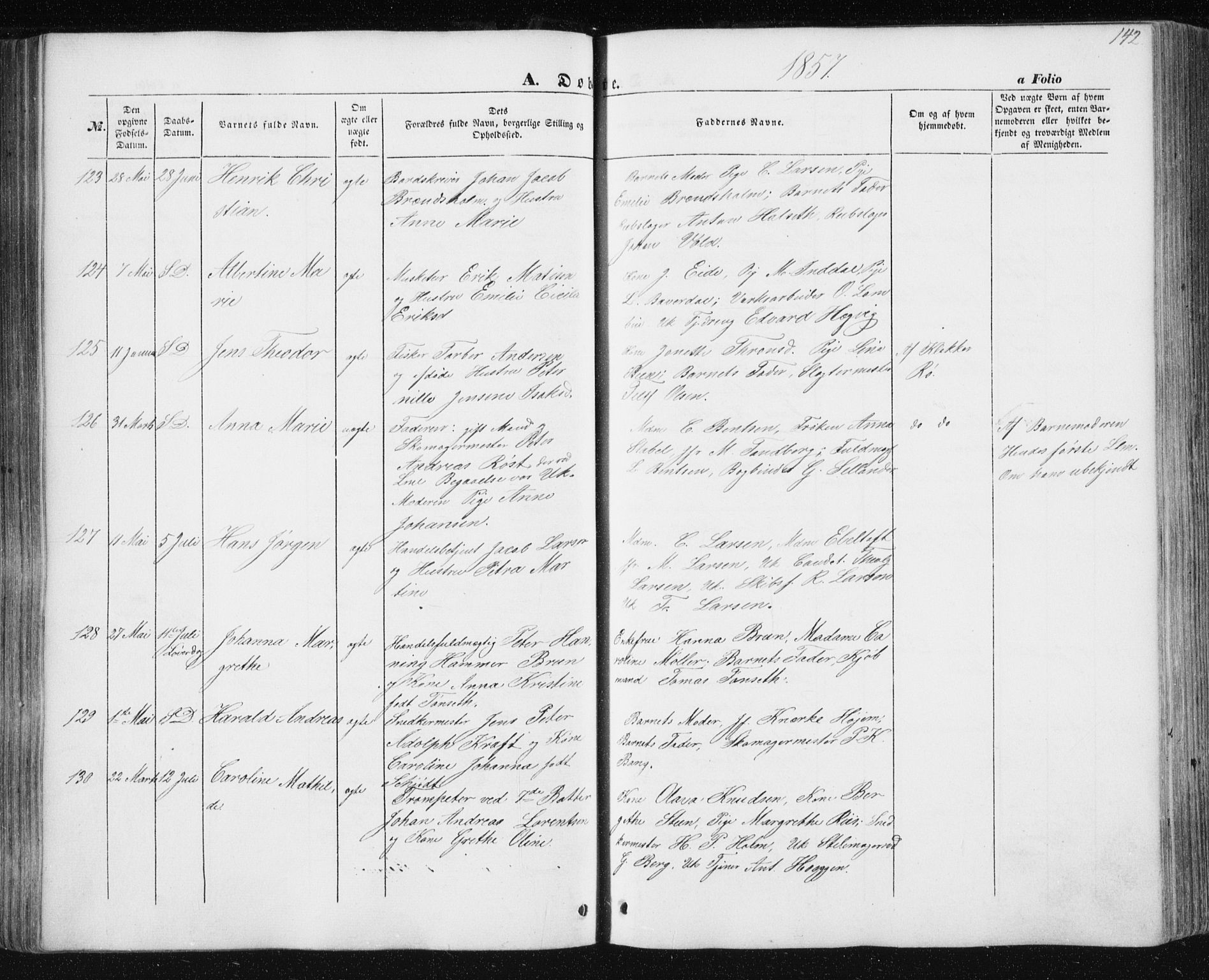 Ministerialprotokoller, klokkerbøker og fødselsregistre - Sør-Trøndelag, SAT/A-1456/602/L0112: Ministerialbok nr. 602A10, 1848-1859, s. 142