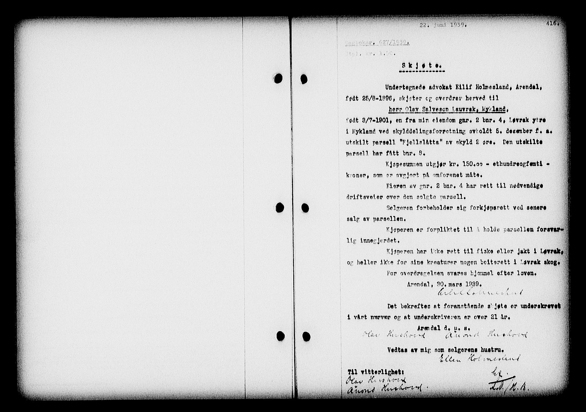 Nedenes sorenskriveri, AV/SAK-1221-0006/G/Gb/Gba/L0046: Pantebok nr. 42, 1938-1939, Dagboknr: 627/1939