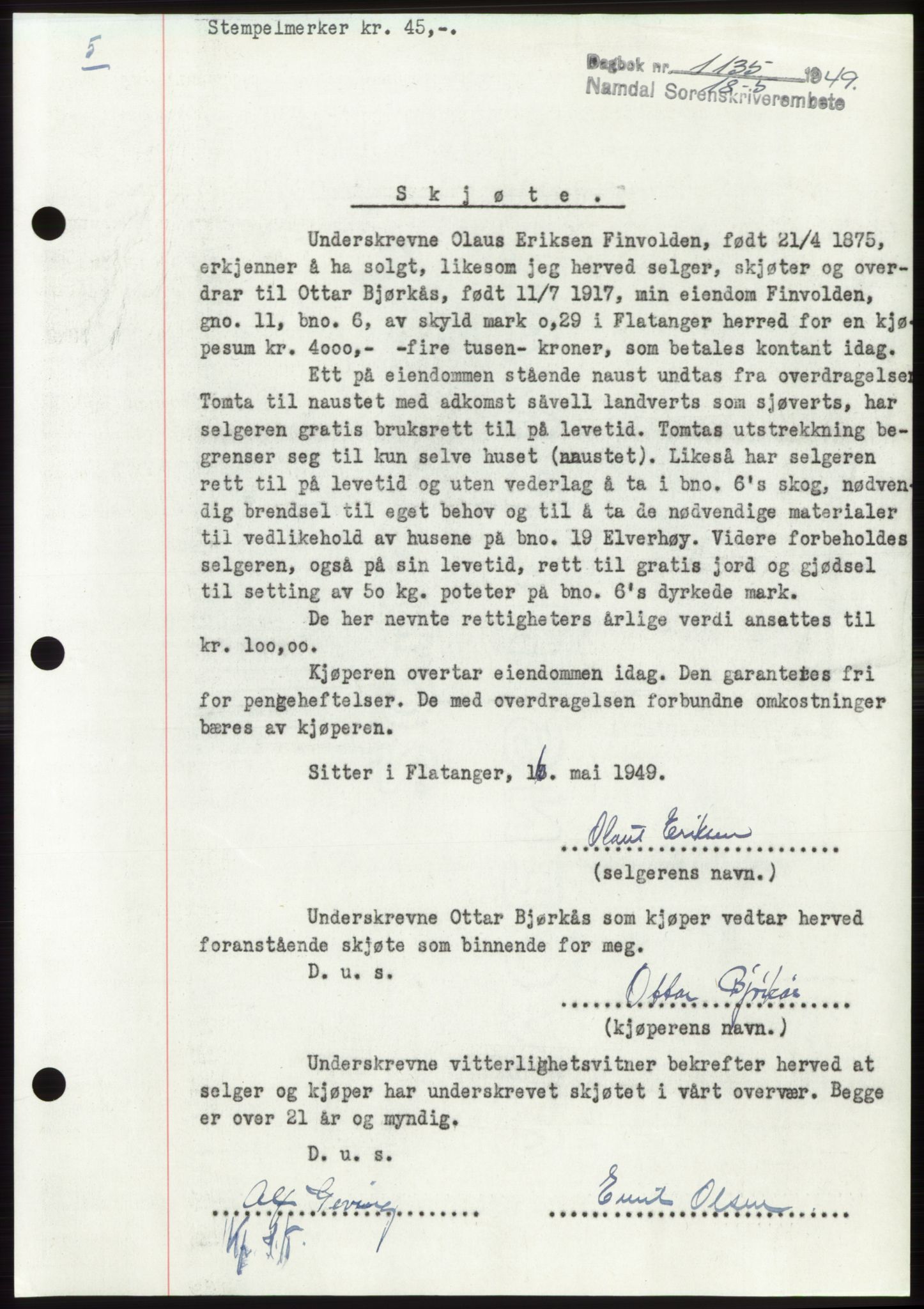 Namdal sorenskriveri, SAT/A-4133/1/2/2C: Pantebok nr. -, 1949-1949, Dagboknr: 1135/1949