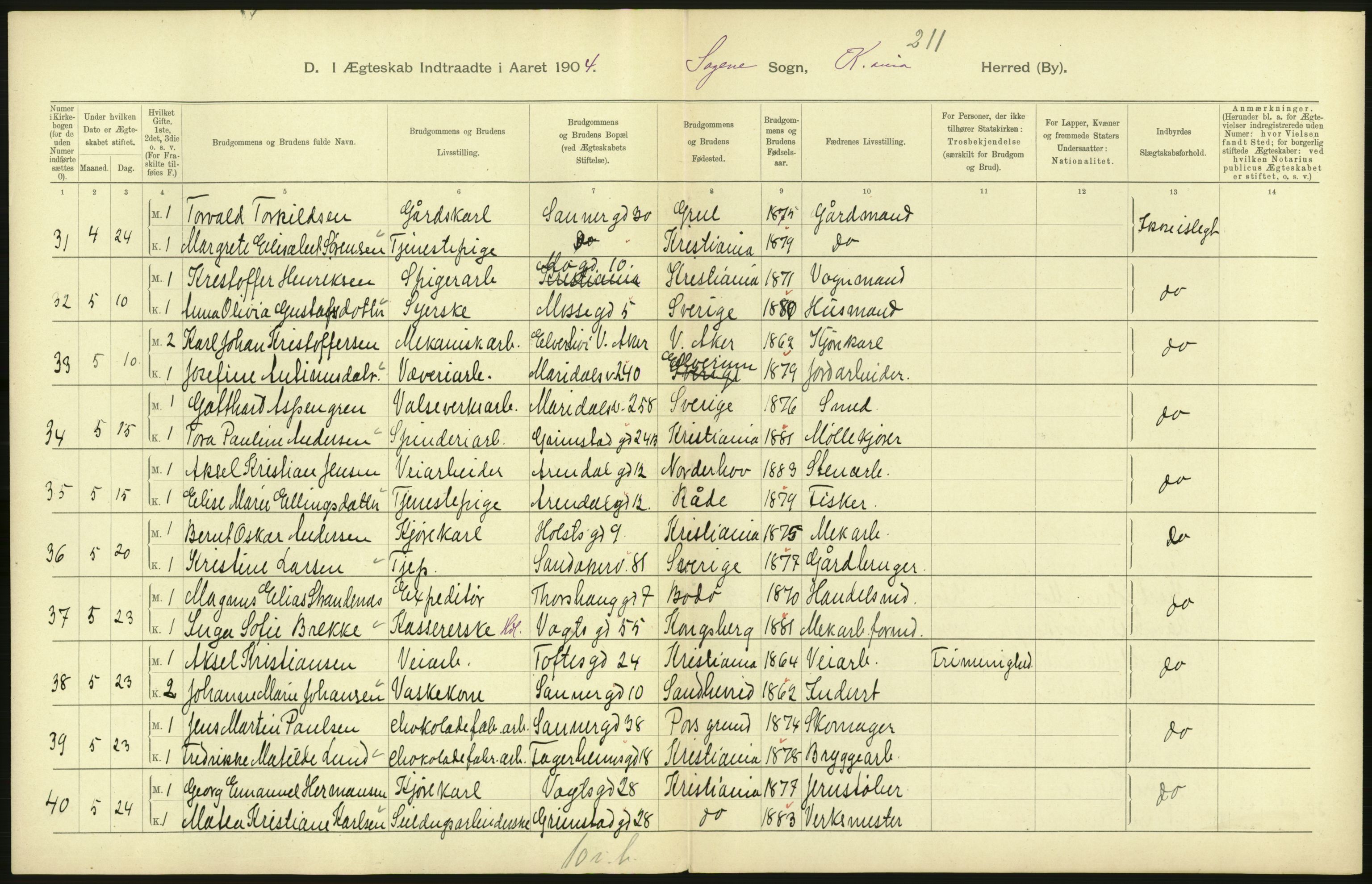 Statistisk sentralbyrå, Sosiodemografiske emner, Befolkning, RA/S-2228/D/Df/Dfa/Dfab/L0004: Kristiania: Gifte, døde, 1904, s. 186