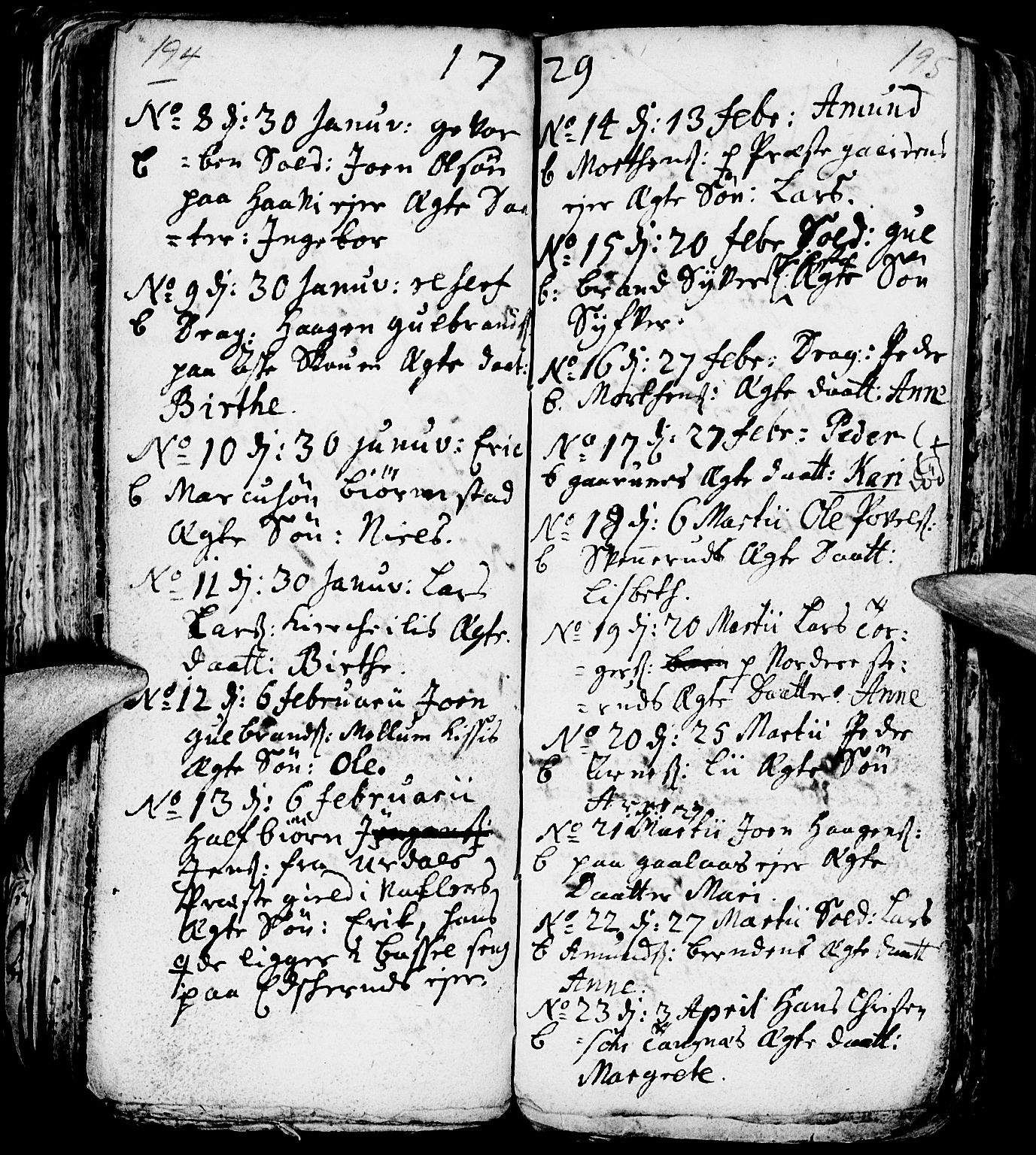 Nes prestekontor, Hedmark, AV/SAH-PREST-020/L/La/L0001: Klokkerbok nr. 1, 1663-1784, s. 194-195