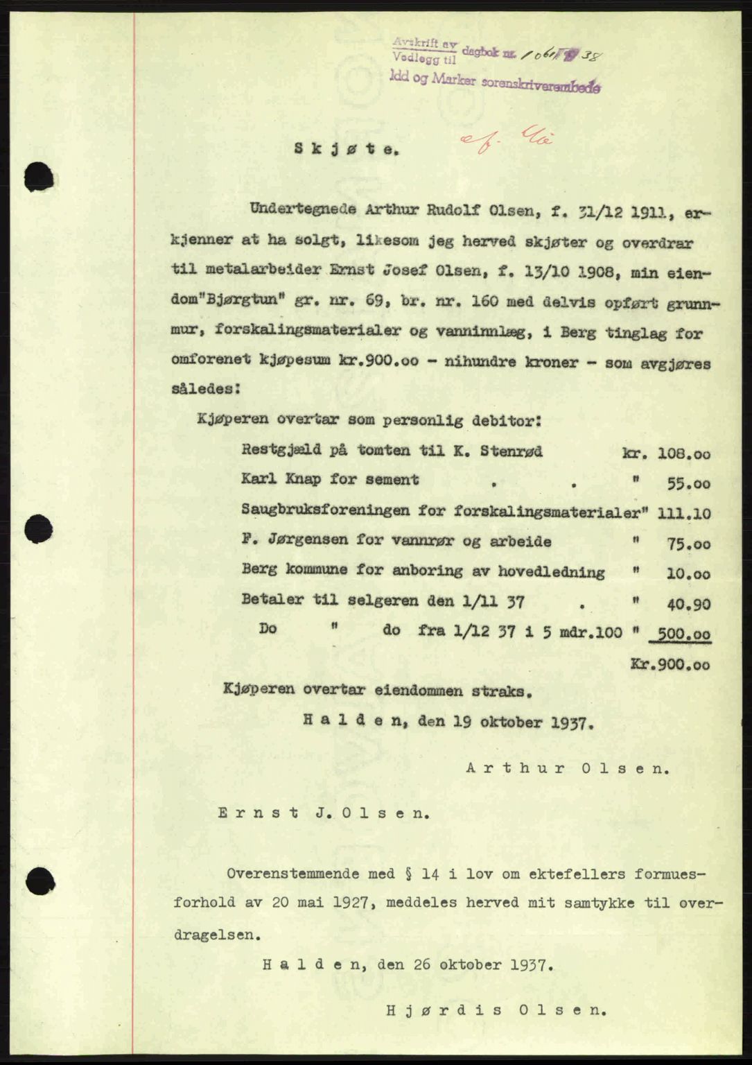 Idd og Marker sorenskriveri, AV/SAO-A-10283/G/Gb/Gbb/L0002: Pantebok nr. A2, 1937-1938, Dagboknr: 1061/1938