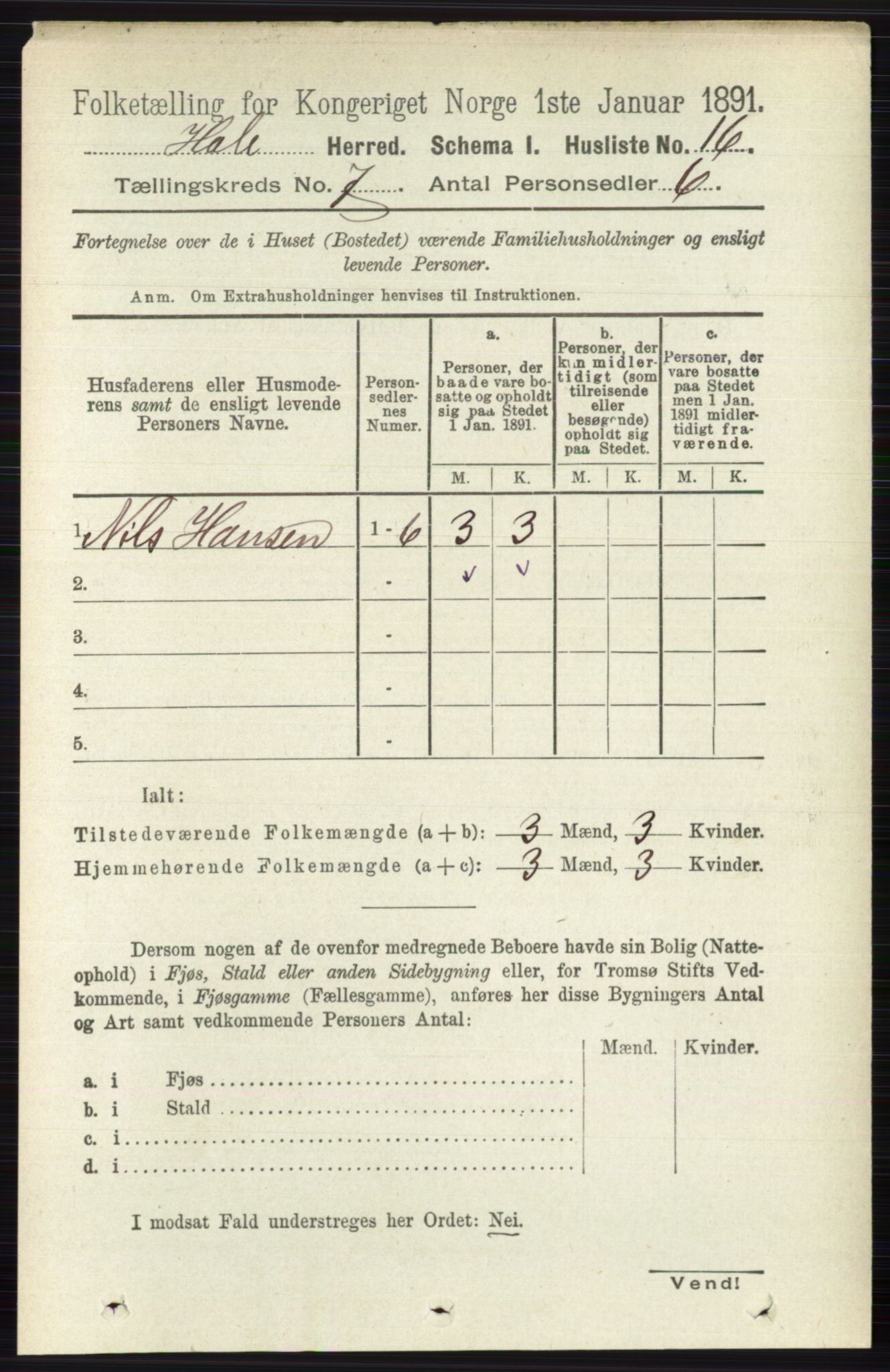 RA, Folketelling 1891 for 0612 Hole herred, 1891, s. 3897