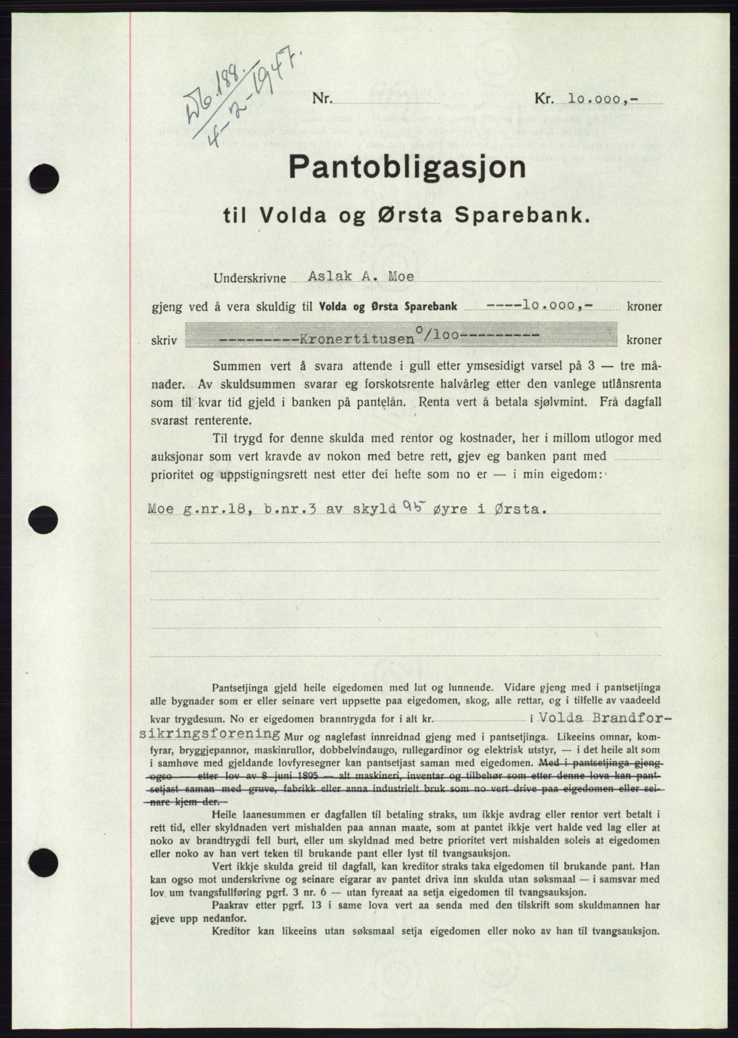 Søre Sunnmøre sorenskriveri, AV/SAT-A-4122/1/2/2C/L0114: Pantebok nr. 1-2B, 1943-1947, Dagboknr: 188/1947