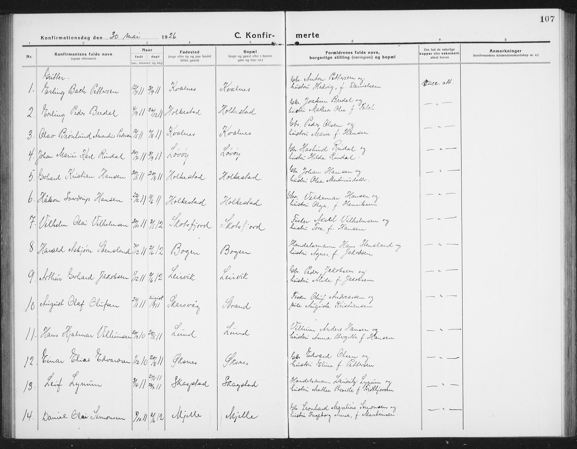 Ministerialprotokoller, klokkerbøker og fødselsregistre - Nordland, AV/SAT-A-1459/855/L0817: Klokkerbok nr. 855C06, 1917-1934, s. 107