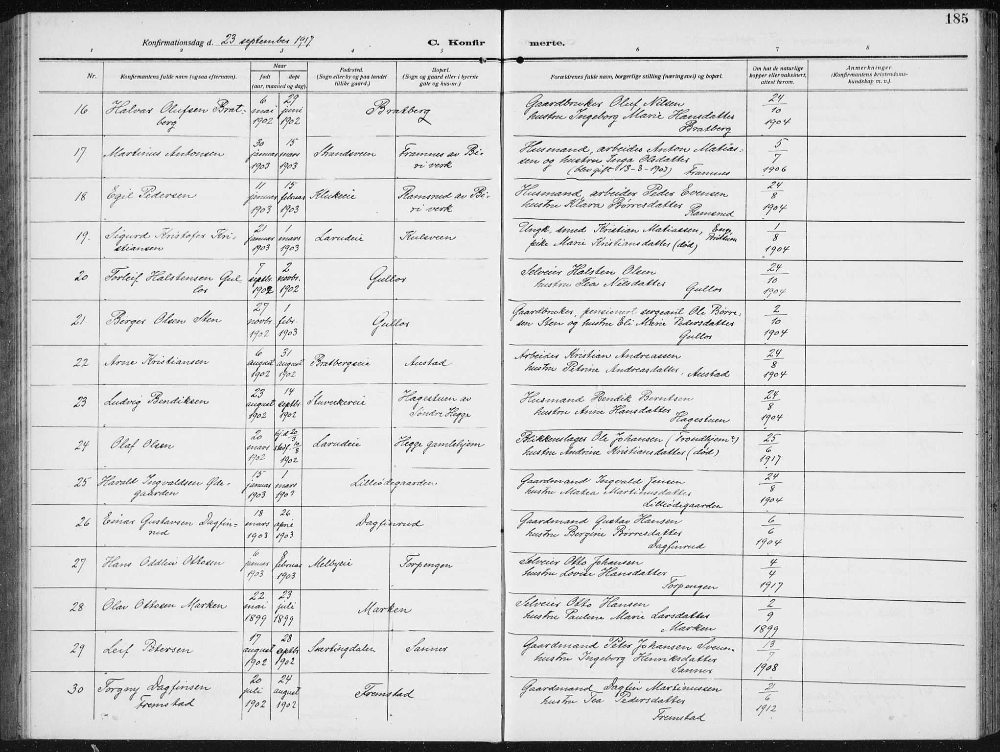 Biri prestekontor, AV/SAH-PREST-096/H/Ha/Hab/L0006: Klokkerbok nr. 6, 1909-1938, s. 185