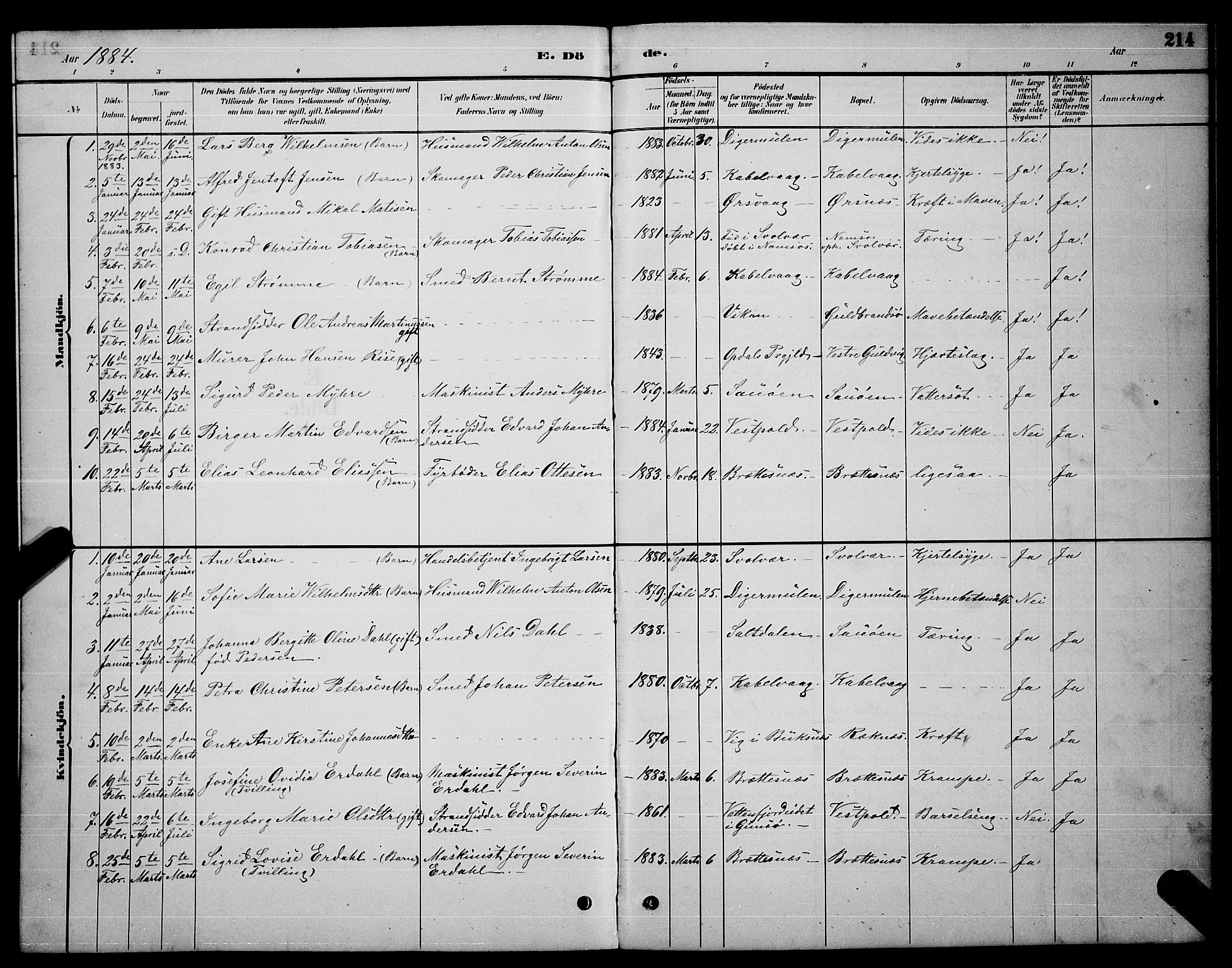 Ministerialprotokoller, klokkerbøker og fødselsregistre - Nordland, SAT/A-1459/874/L1076: Klokkerbok nr. 874C05, 1884-1890, s. 214