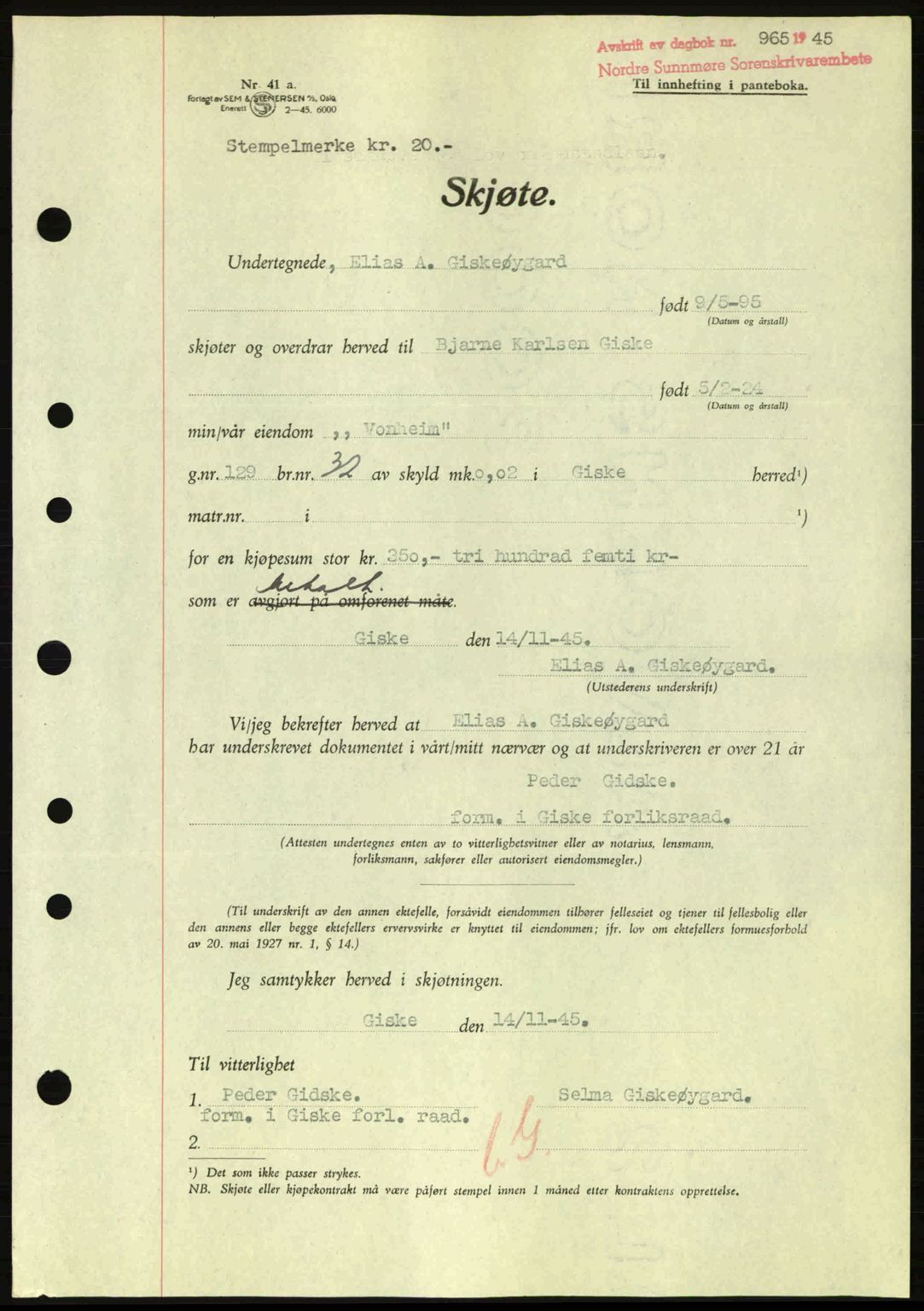 Nordre Sunnmøre sorenskriveri, SAT/A-0006/1/2/2C/2Ca: Pantebok nr. A20a, 1945-1945, Dagboknr: 965/1945