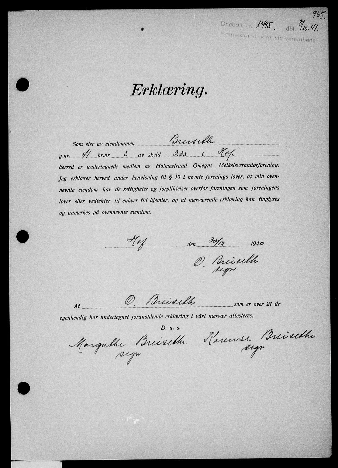 Holmestrand sorenskriveri, SAKO/A-67/G/Ga/Gaa/L0053: Pantebok nr. A-53, 1941-1941, Dagboknr: 1495/1941