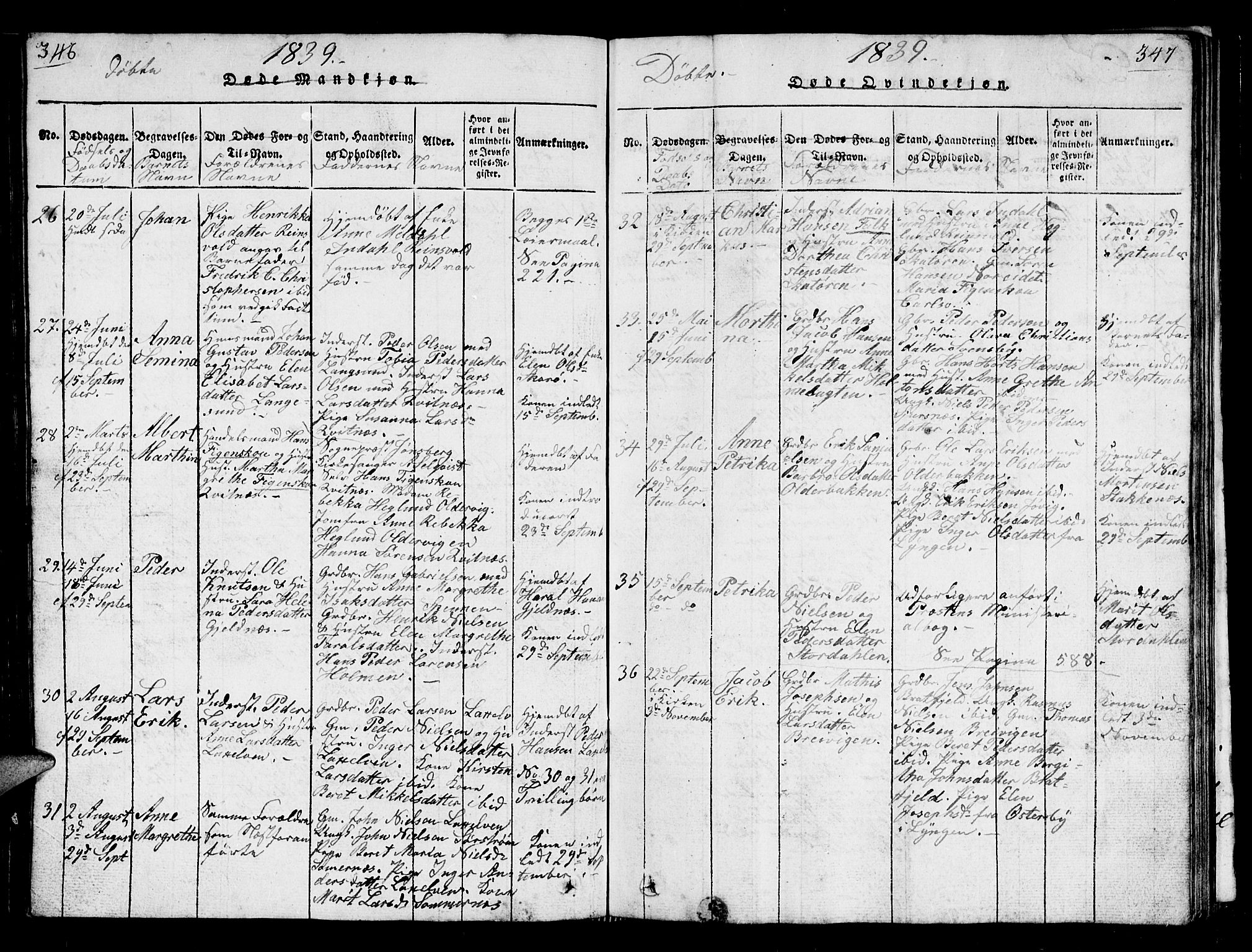 Karlsøy sokneprestembete, AV/SATØ-S-1299/H/Ha/Hab/L0001klokker: Klokkerbok nr. 1, 1821-1840, s. 346-347