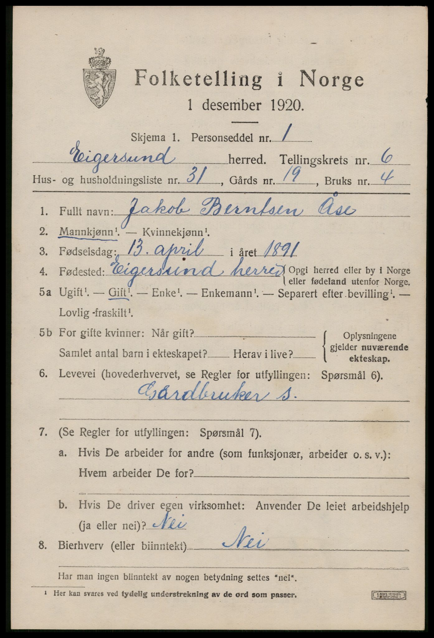 SAST, Folketelling 1920 for 1116 Eigersund herred, 1920, s. 4225
