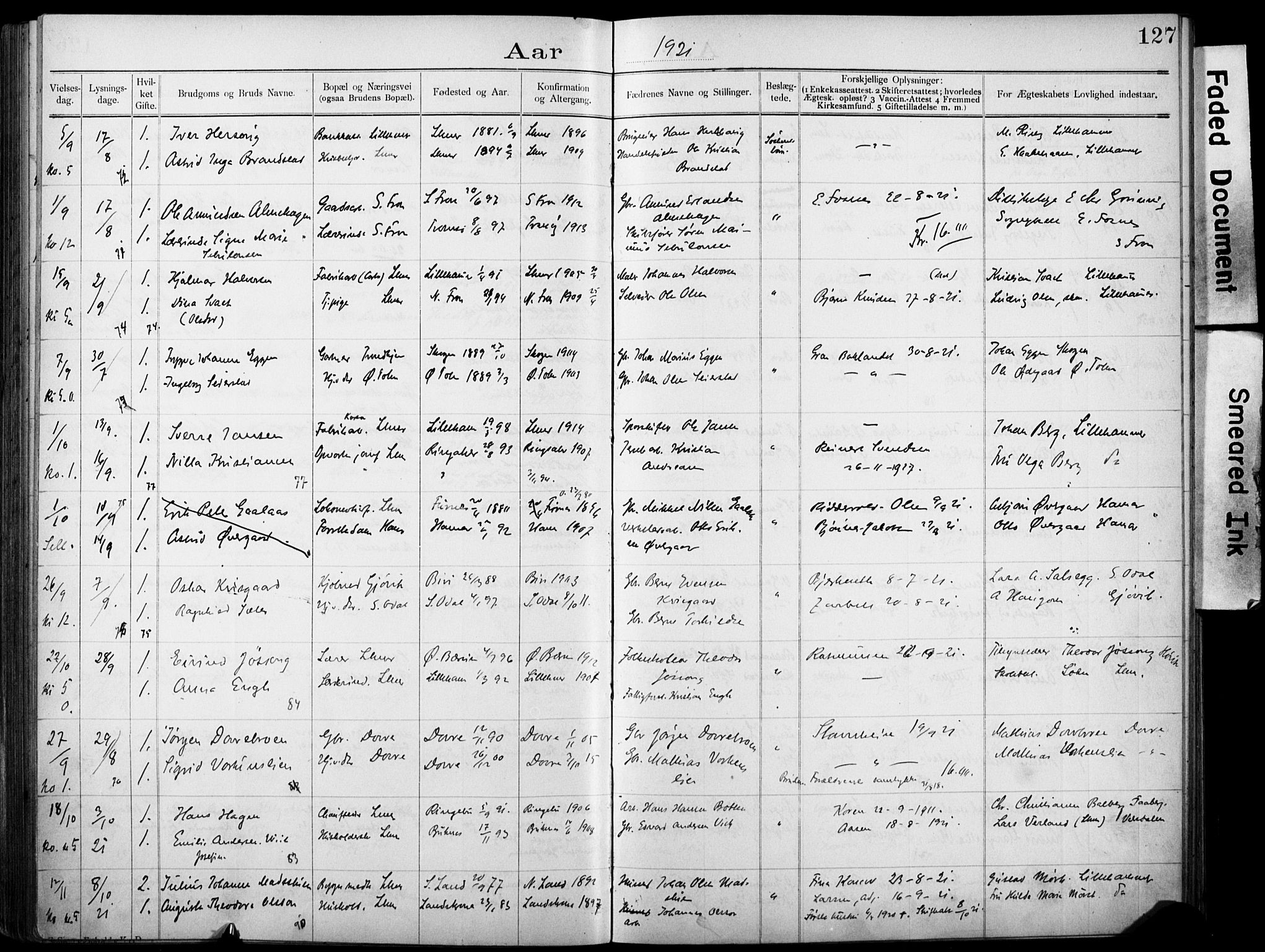 Lillehammer prestekontor, AV/SAH-PREST-088/I/Ie: Lysningsprotokoll nr. 1, 1903-1932, s. 127