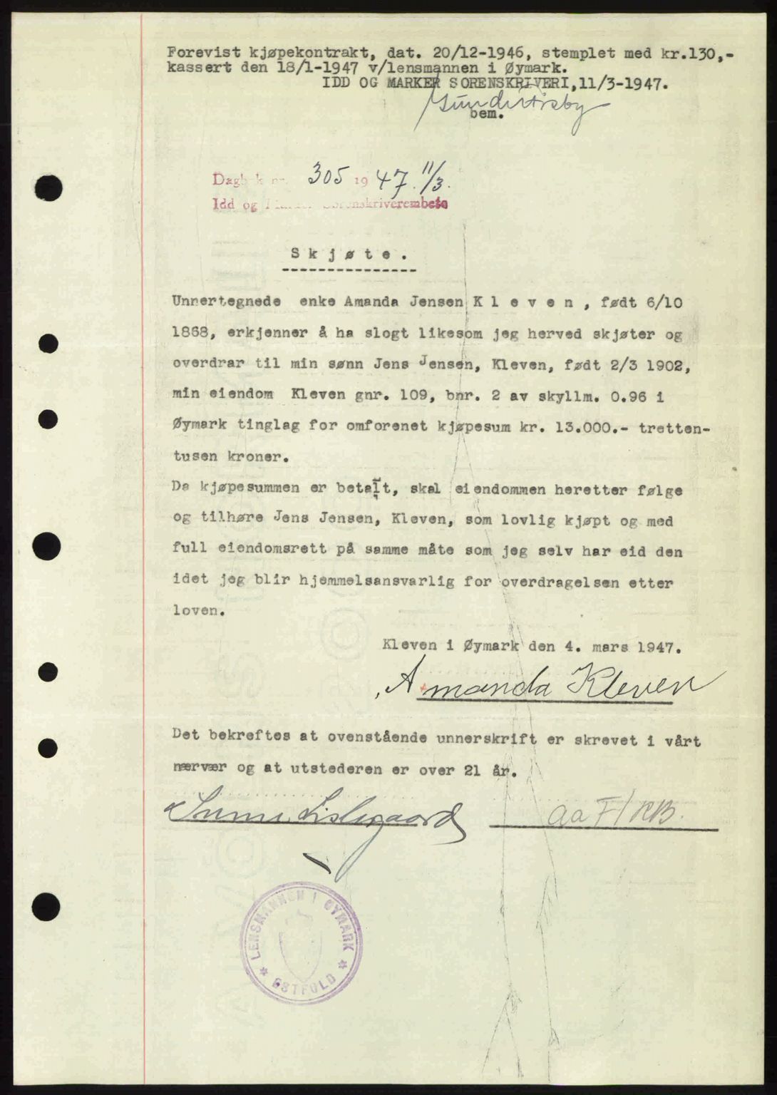 Idd og Marker sorenskriveri, SAO/A-10283/G/Gb/Gbb/L0009: Pantebok nr. A9, 1946-1947, Dagboknr: 305/1947