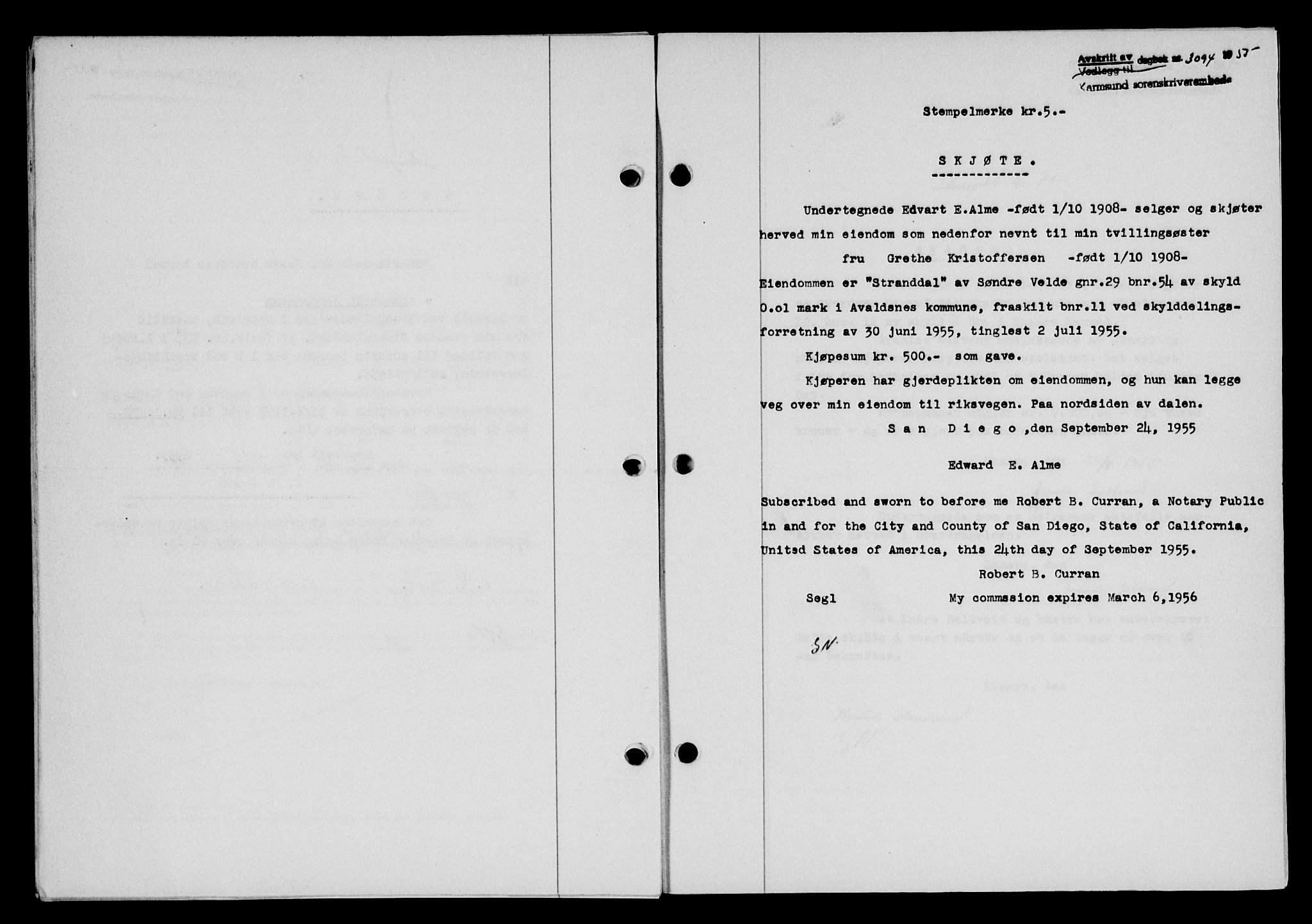 Karmsund sorenskriveri, SAST/A-100311/01/II/IIB/L0117: Pantebok nr. 97Aa, 1955-1955, Dagboknr: 3094/1955