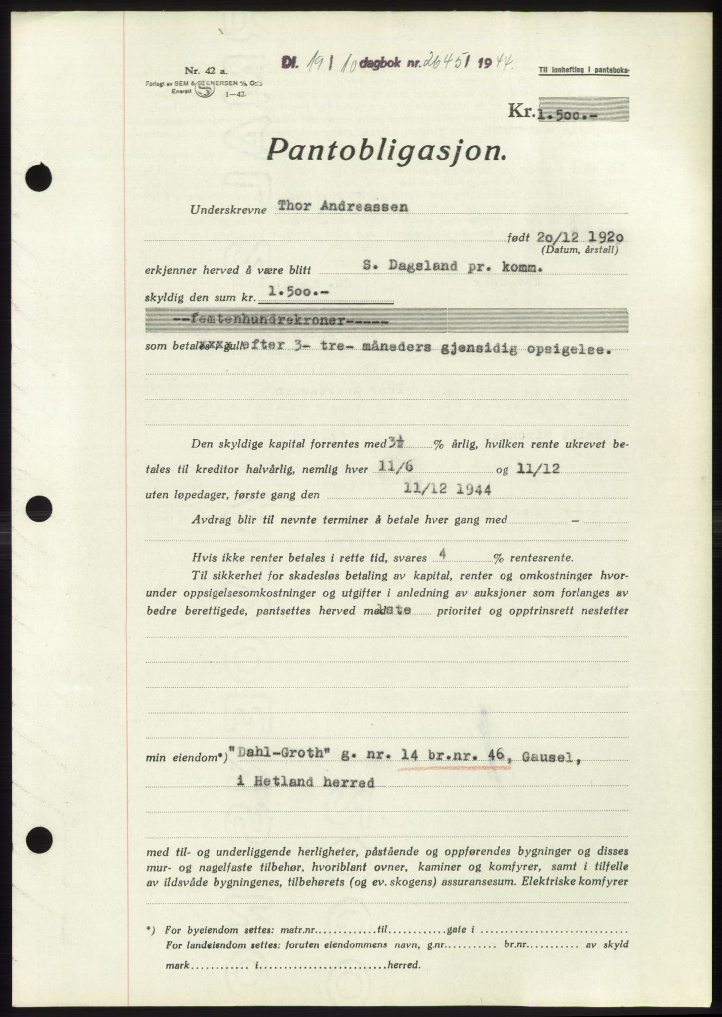 Jæren sorenskriveri, SAST/A-100310/03/G/Gba/L0087: Pantebok, 1944-1945, Dagboknr: 2645/1944