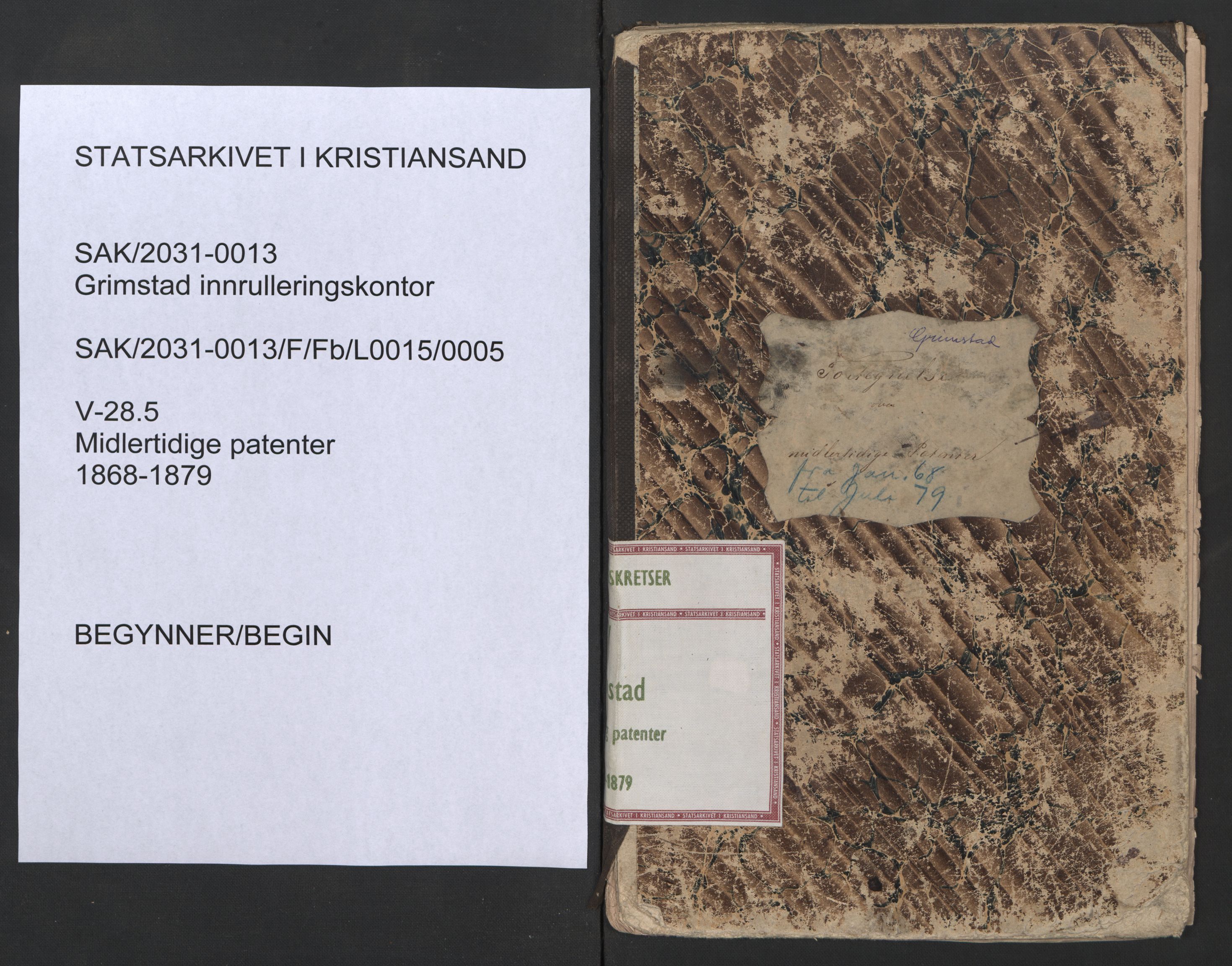 Grimstad mønstringskrets, AV/SAK-2031-0013/F/Fb/L0015/0005: Register til hovedruller og patenter, V-28 / Midlertidig patenter, 1868-1879, s. 1