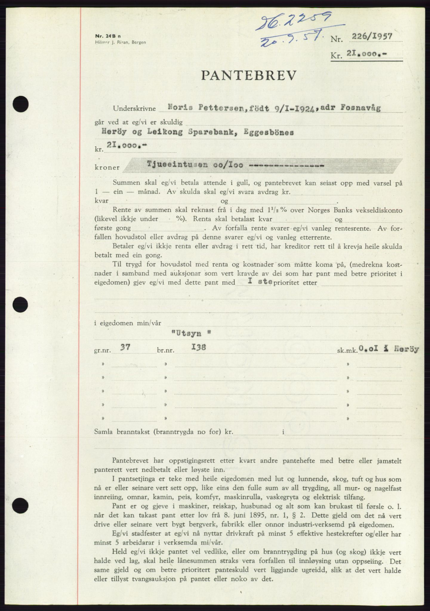 Søre Sunnmøre sorenskriveri, AV/SAT-A-4122/1/2/2C/L0130: Pantebok nr. 18B, 1957-1958, Dagboknr: 2259/1957