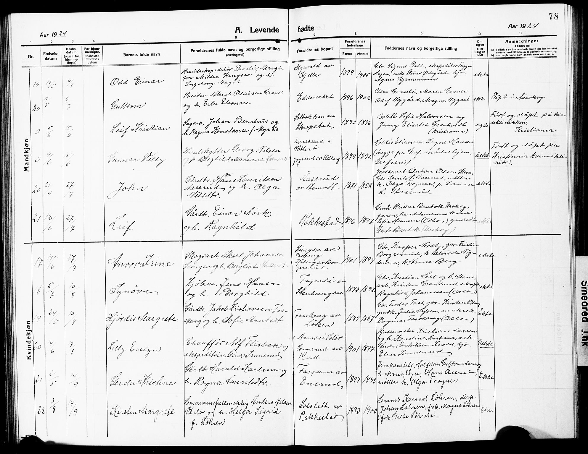 Høland prestekontor Kirkebøker, AV/SAO-A-10346a/G/Ga/L0008: Klokkerbok nr. I 8, 1915-1929, s. 78