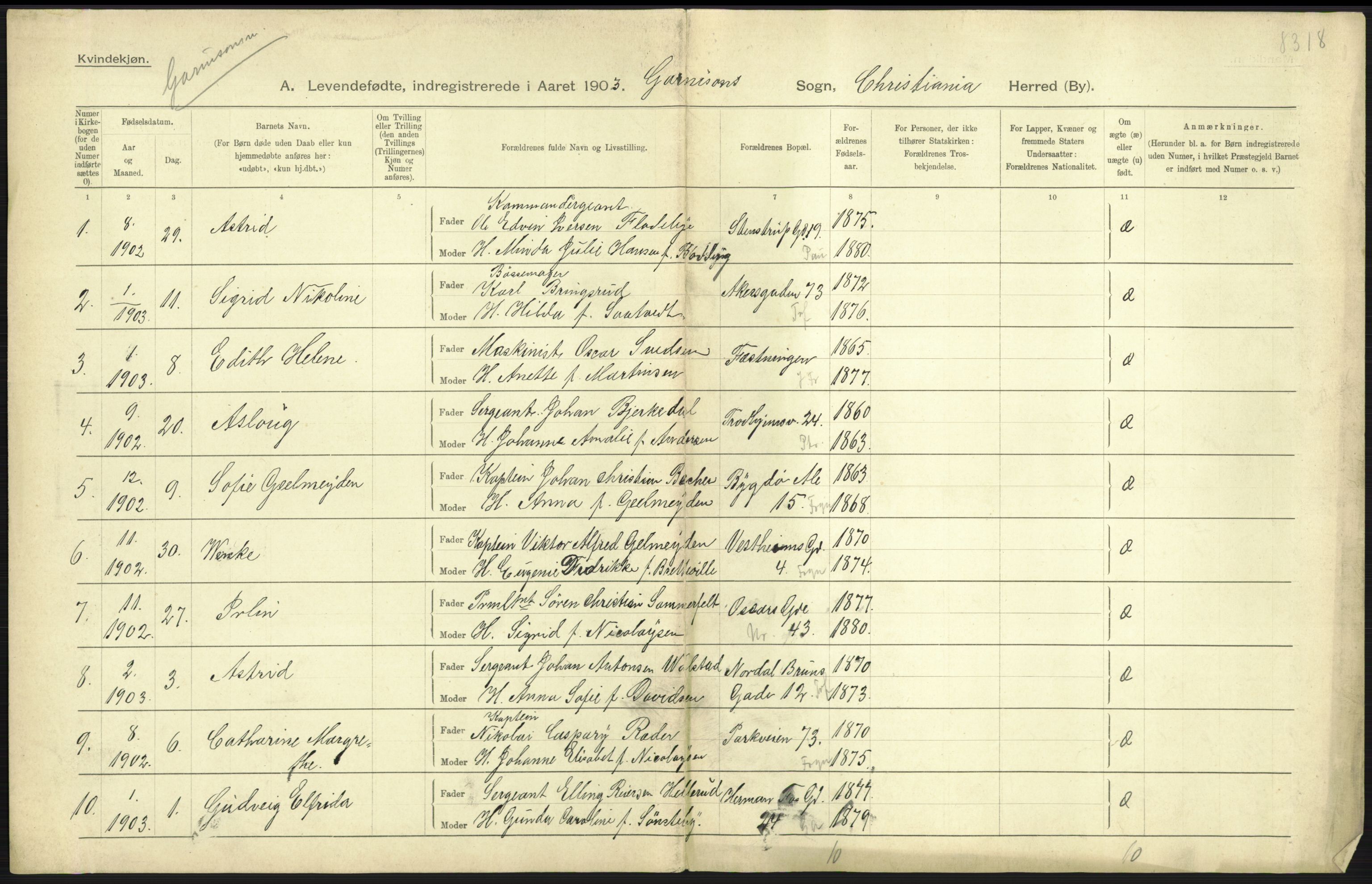 Statistisk sentralbyrå, Sosiodemografiske emner, Befolkning, AV/RA-S-2228/D/Df/Dfa/Dfaa/L0003: Kristiania: Fødte, 1903, s. 379