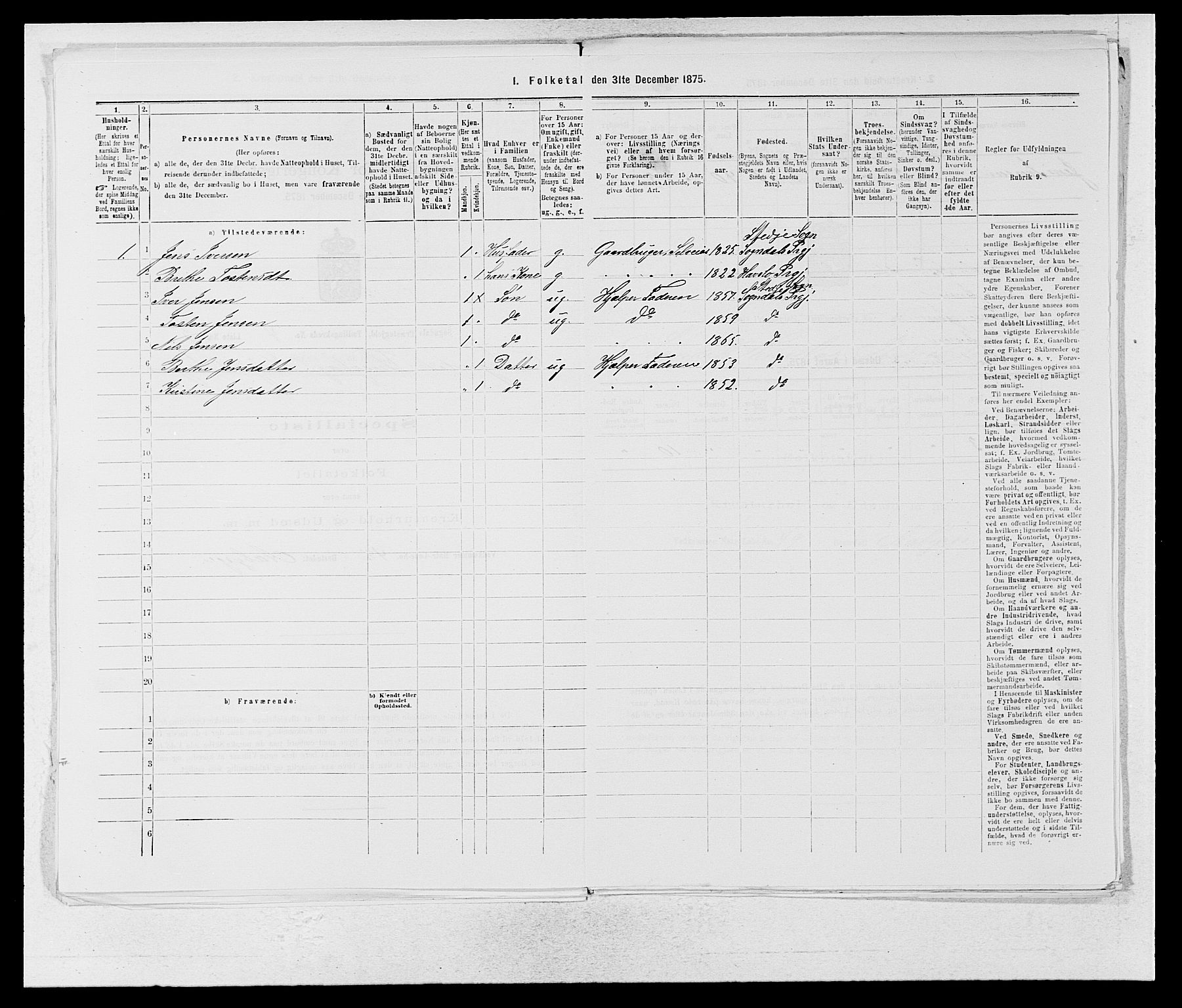 SAB, Folketelling 1875 for 1420P Sogndal prestegjeld, 1875, s. 307