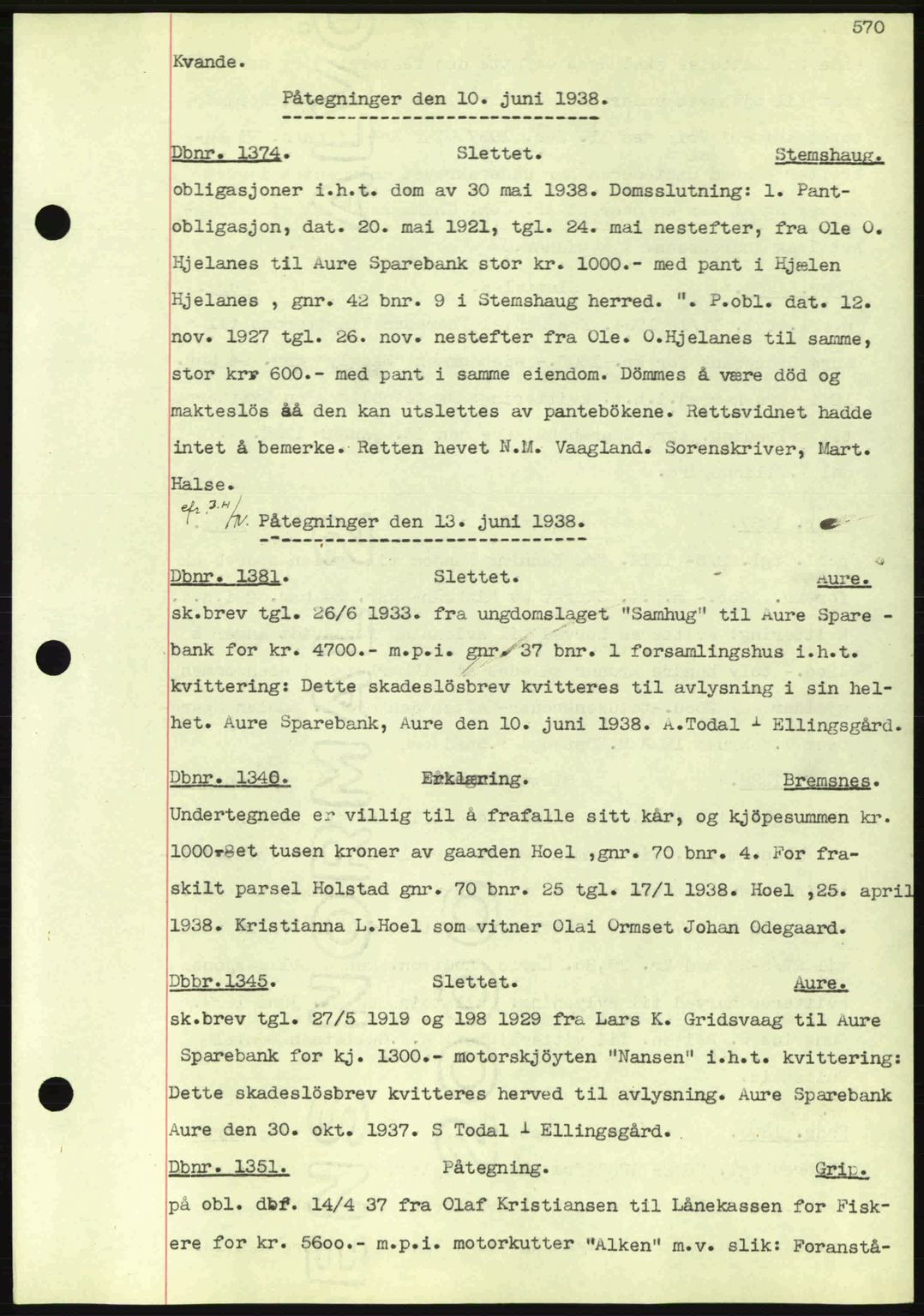 Nordmøre sorenskriveri, SAT/A-4132/1/2/2Ca: Pantebok nr. C80, 1936-1939, Dagboknr: 1374/1938