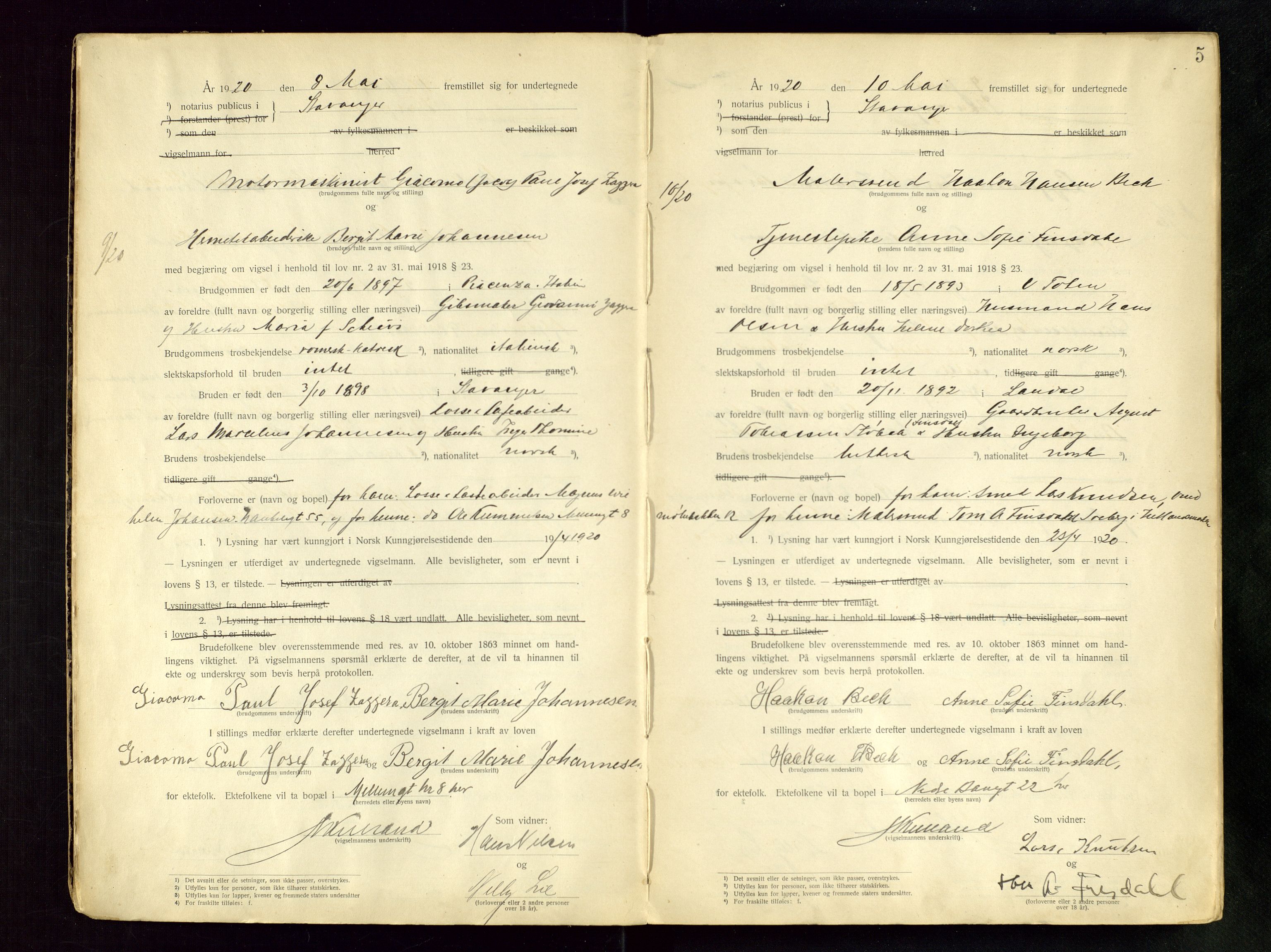 Stavanger byfogd, AV/SAST-A-101408/001/6/62/62BB/L0001: Vigselsprotokoll, 1920-1926, s. 5