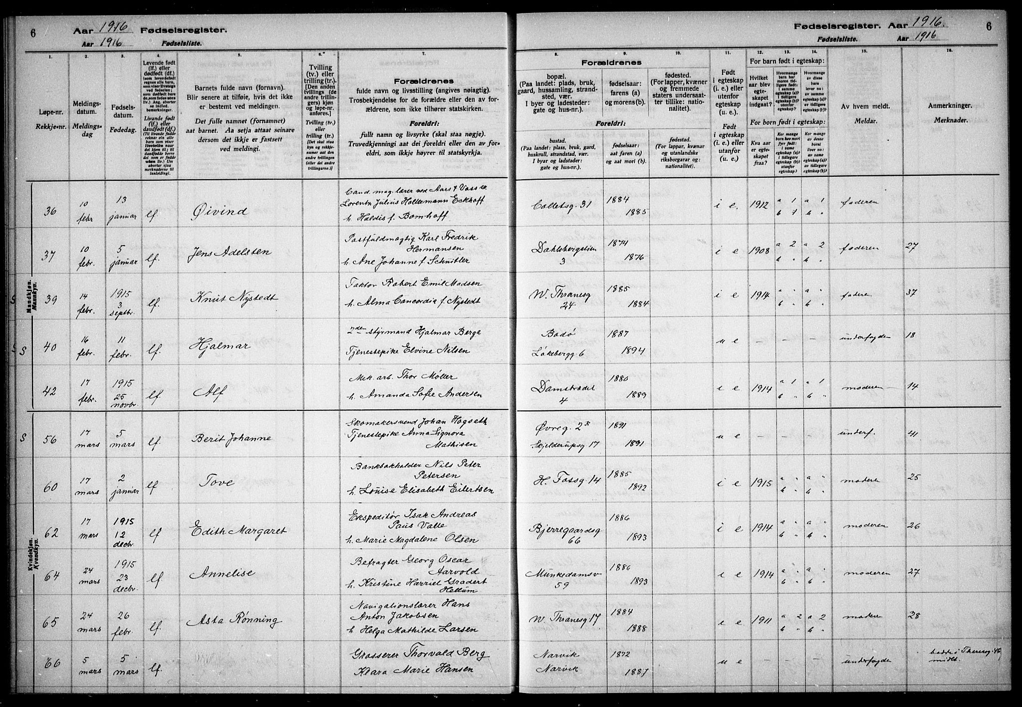 Gamle Aker prestekontor Kirkebøker, AV/SAO-A-10617a/J/L0001: Fødselsregister nr. 1, 1916-1927, s. 6